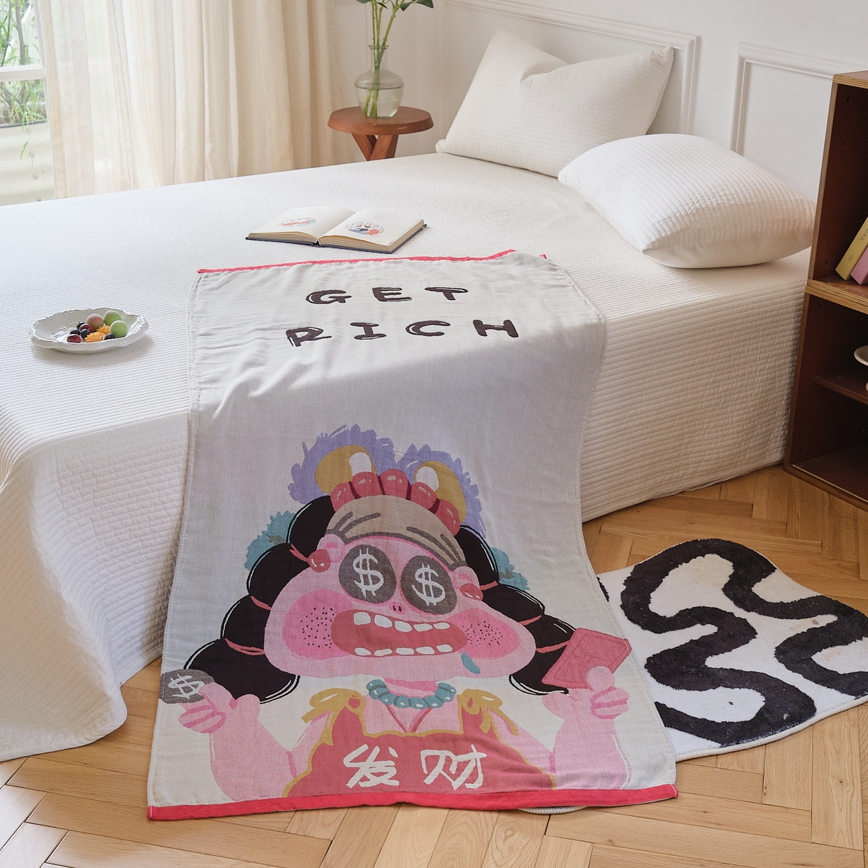 91家纺网 家纺一手货源 找家纺 沐瑟家纺 2025新款卡通A类全棉四层纱布浴巾加大毛巾-第二组 发财女孩 80*160cm浴巾/条