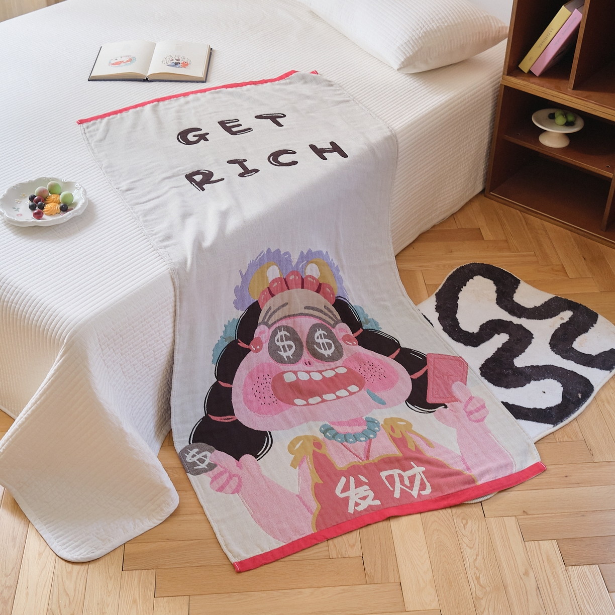 91家纺网 家纺一手货源 找家纺 沐瑟家纺 2025新款卡通A类全棉四层纱布浴巾加大毛巾-第二组 发财女孩 80*160cm浴巾/条