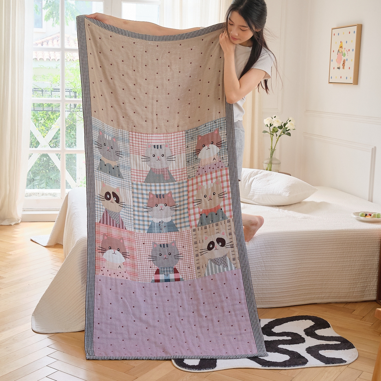 沐瑟家纺 2025新款卡通A类全棉四层纱布浴巾加大毛巾-第二组 花布猫 80*160cm浴巾/条