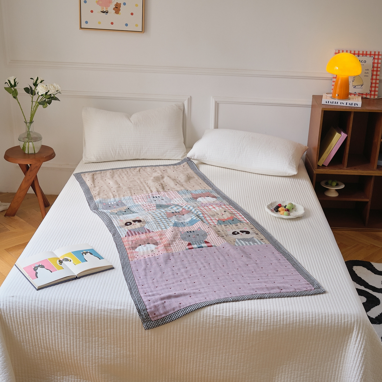 91家纺网 家纺一手货源 找家纺 沐瑟家纺 2025新款卡通A类全棉四层纱布浴巾加大毛巾-第二组 花布猫 80*160cm浴巾/条