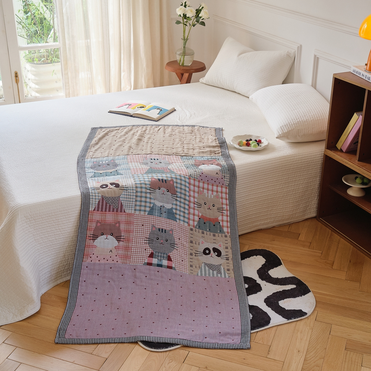 91家纺网 家纺一手货源 找家纺 沐瑟家纺 2025新款卡通A类全棉四层纱布浴巾加大毛巾-第二组 花布猫 80*160cm浴巾/条