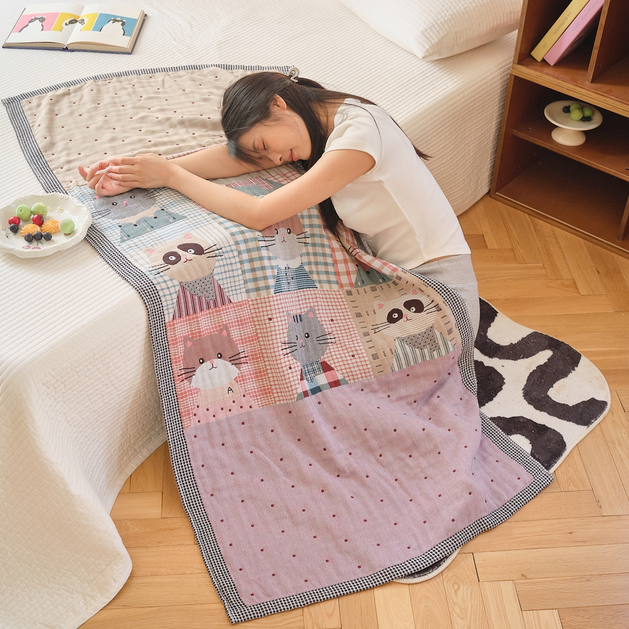 91家纺网 家纺一手货源 找家纺 沐瑟家纺 2025新款卡通A类全棉四层纱布浴巾加大毛巾-第二组 花布猫 80*160cm浴巾/条