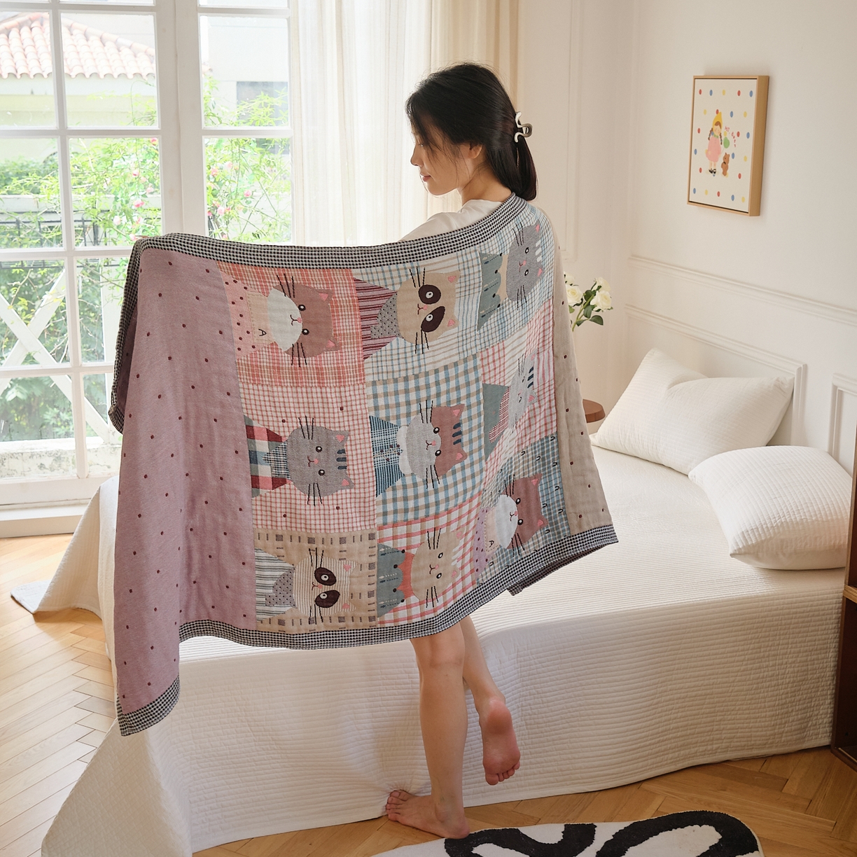 91家纺网 家纺一手货源 找家纺 沐瑟家纺 2025新款卡通A类全棉四层纱布浴巾加大毛巾-第二组 花布猫 80*160cm浴巾/条