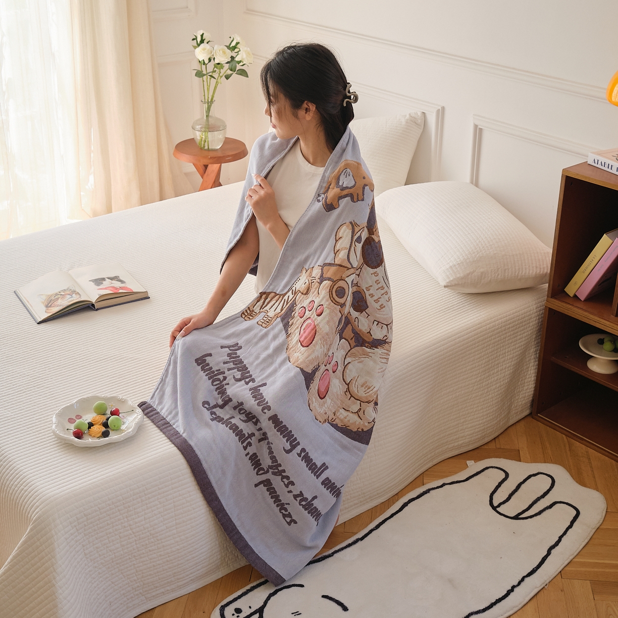 91家纺网 家纺一手货源 找家纺 沐瑟家纺 2025新款卡通A类全棉四层纱布浴巾加大毛巾-第二组 积木熊 80*160cm浴巾/条