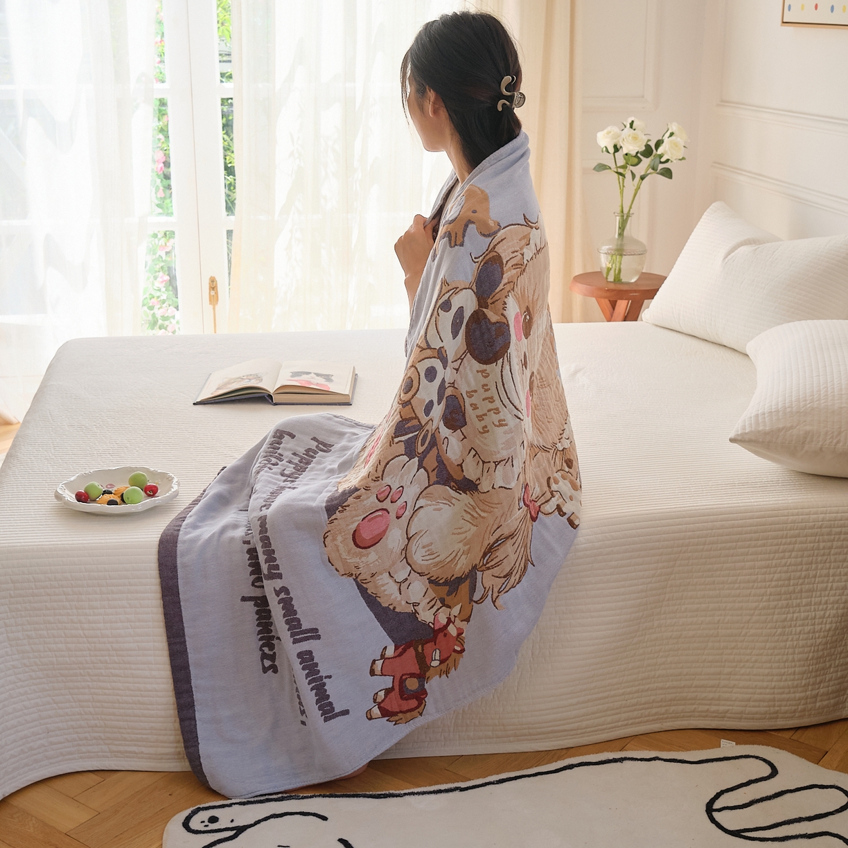 91家纺网 家纺一手货源 找家纺 沐瑟家纺 2025新款卡通A类全棉四层纱布浴巾加大毛巾-第二组 积木熊 80*160cm浴巾/条