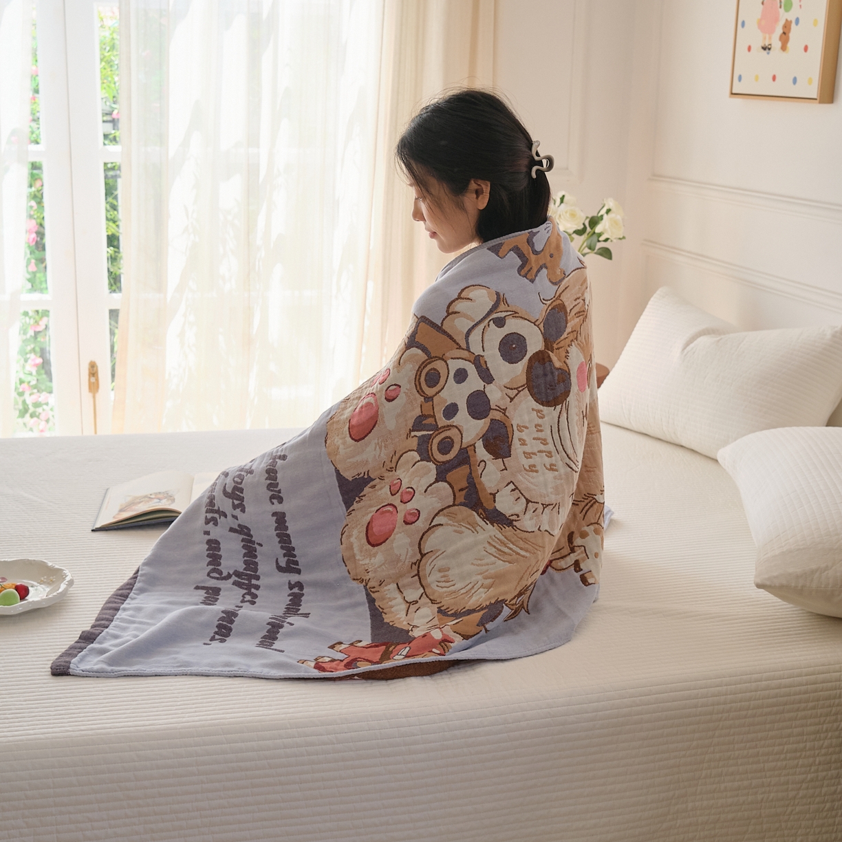 91家纺网 家纺一手货源 找家纺 沐瑟家纺 2025新款卡通A类全棉四层纱布浴巾加大毛巾-第二组 积木熊 80*160cm浴巾/条