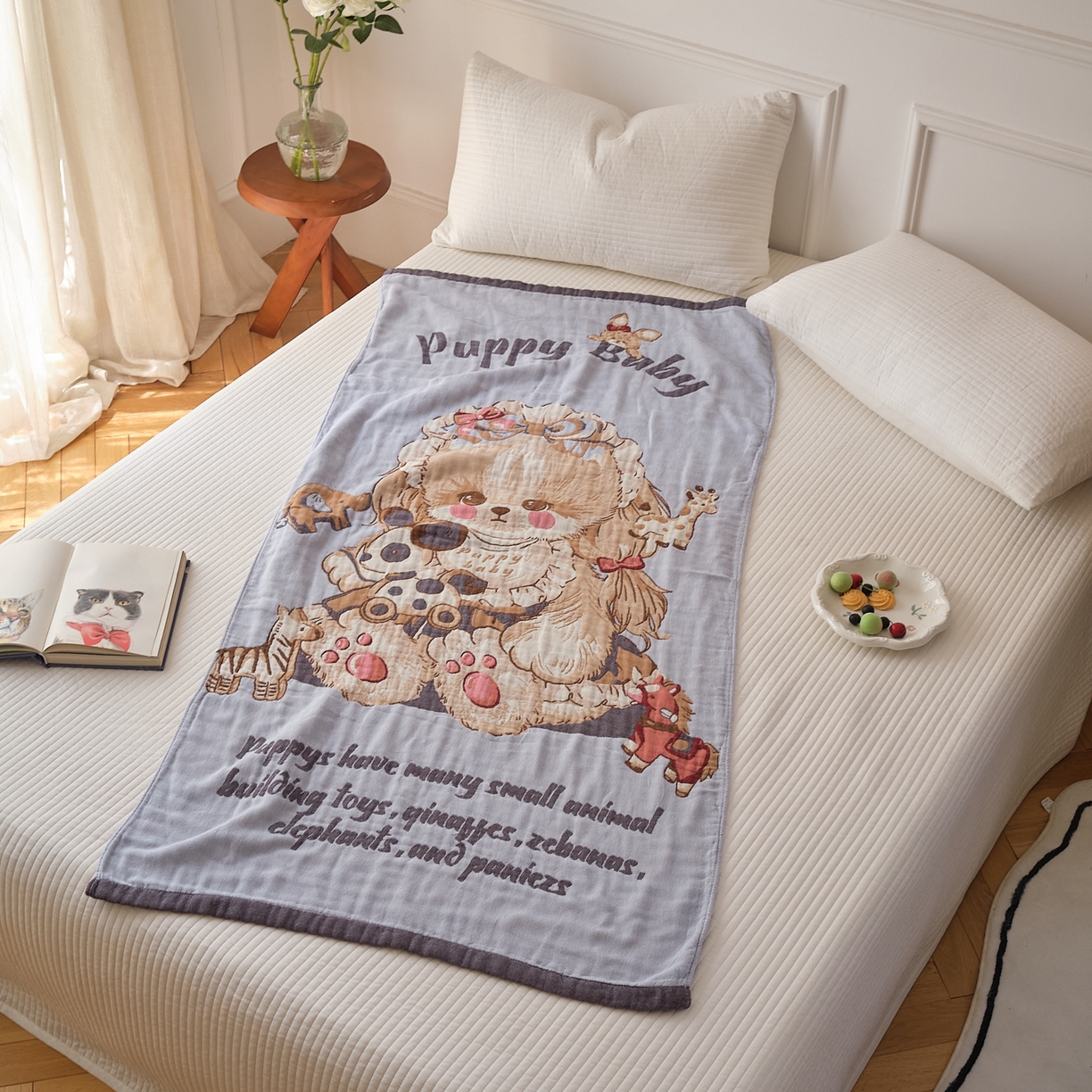 91家纺网 家纺一手货源 找家纺 沐瑟家纺 2025新款卡通A类全棉四层纱布浴巾加大毛巾-第二组 积木熊 80*160cm浴巾/条