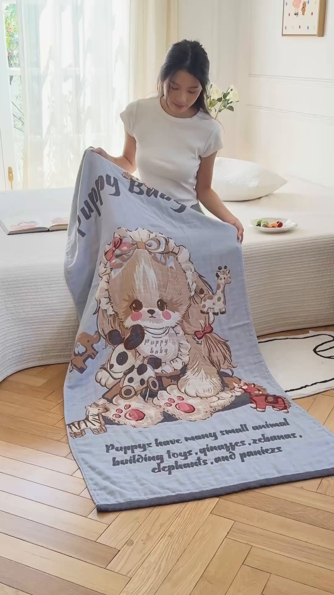 91家纺网 家纺一手货源 找家纺 沐瑟家纺 2025新款卡通A类全棉四层纱布浴巾加大毛巾-第二组 积木熊 80*160cm浴巾/条