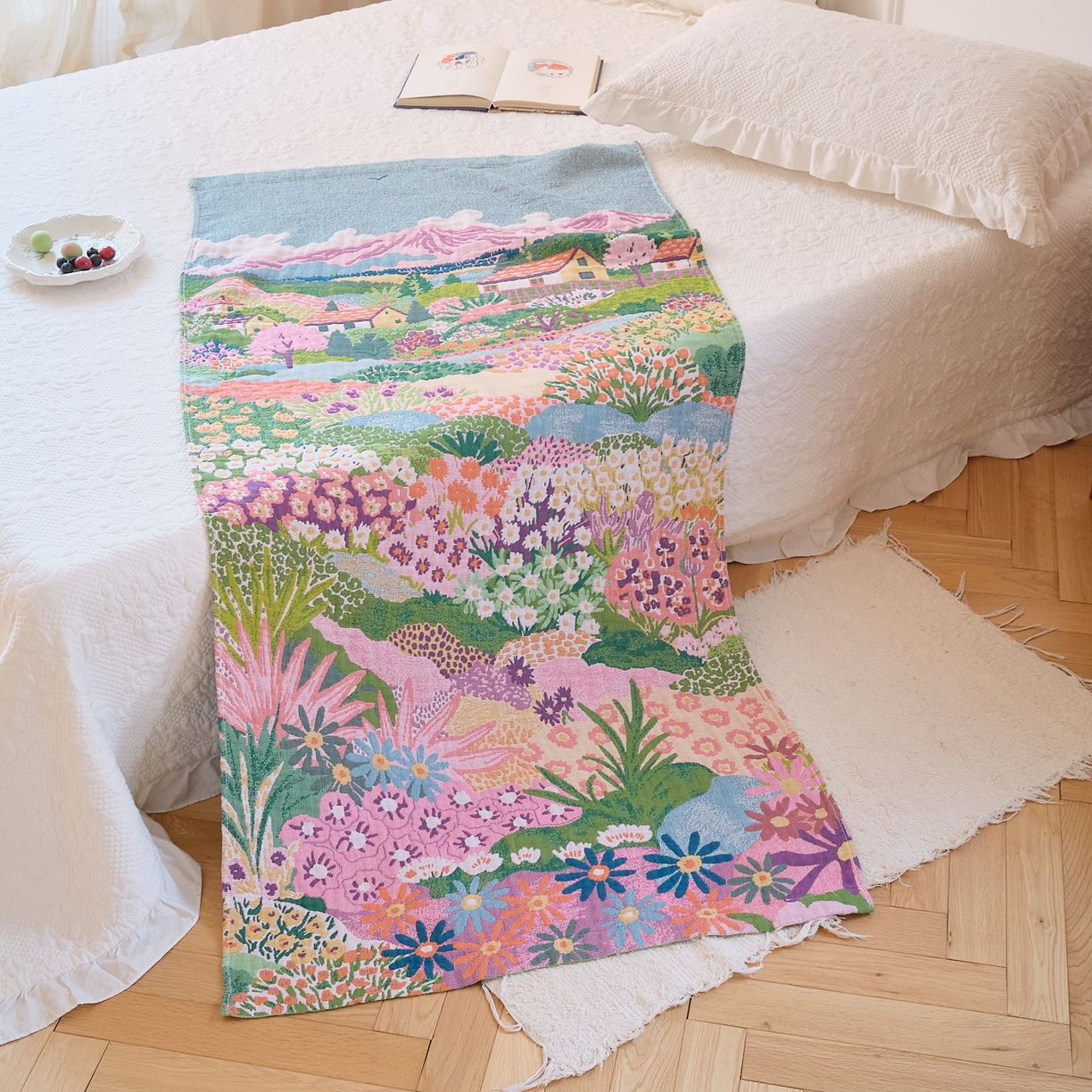 91家纺网 家纺一手货源 找家纺 沐瑟家纺 2025新款卡通A类全棉四层纱布浴巾加大毛巾-第二组 梦幻故里 80*160cm浴巾/条