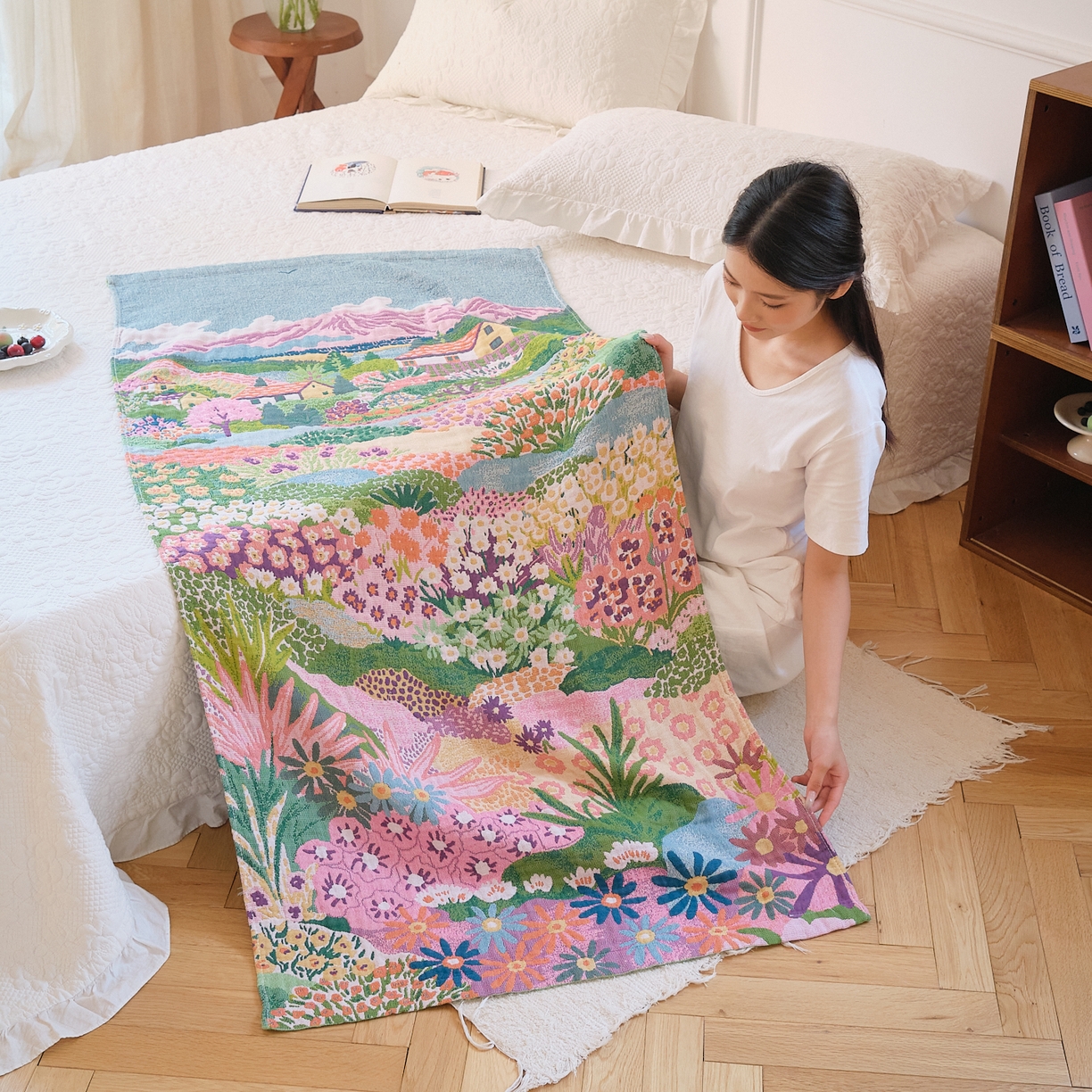 91家纺网 家纺一手货源 找家纺 沐瑟家纺 2025新款卡通A类全棉四层纱布浴巾加大毛巾-第二组 梦幻故里 80*160cm浴巾/条