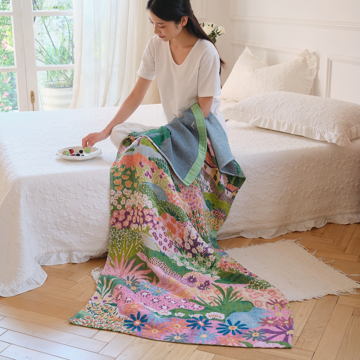 91家纺网 家纺一手货源 找家纺 沐瑟家纺 2025新款卡通A类全棉四层纱布浴巾加大毛巾-第二组 梦幻故里 80*160cm浴巾/条