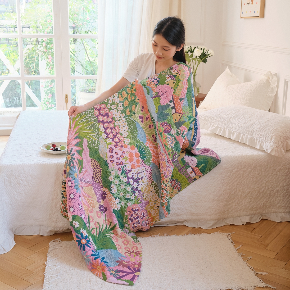 91家纺网 家纺一手货源 找家纺 沐瑟家纺 2025新款卡通A类全棉四层纱布浴巾加大毛巾-第二组 梦幻故里 80*160cm浴巾/条