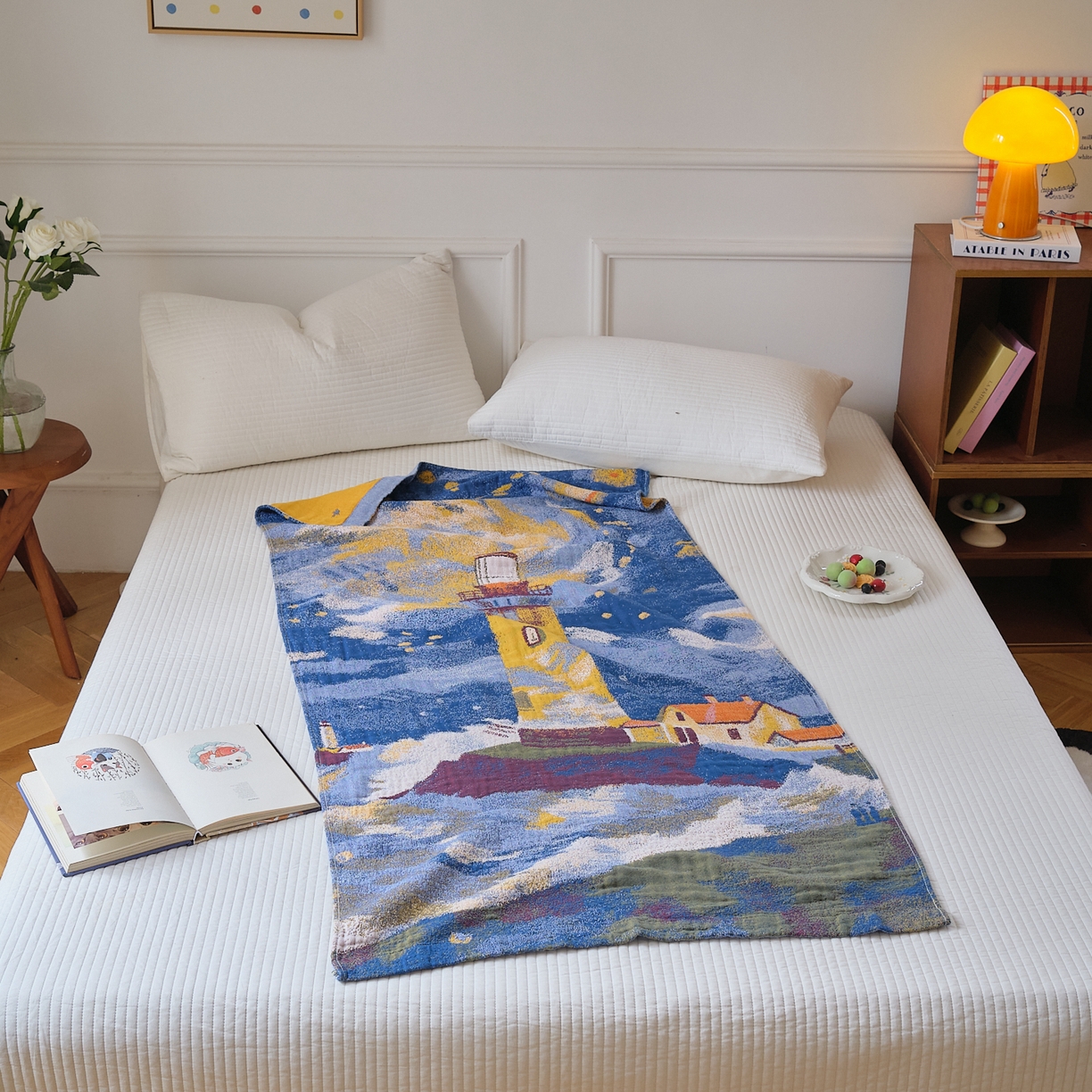 91家纺网 家纺一手货源 找家纺 沐瑟家纺 2025新款卡通A类全棉四层纱布浴巾加大毛巾-第二组 暮色灯塔 80*160cm浴巾/条