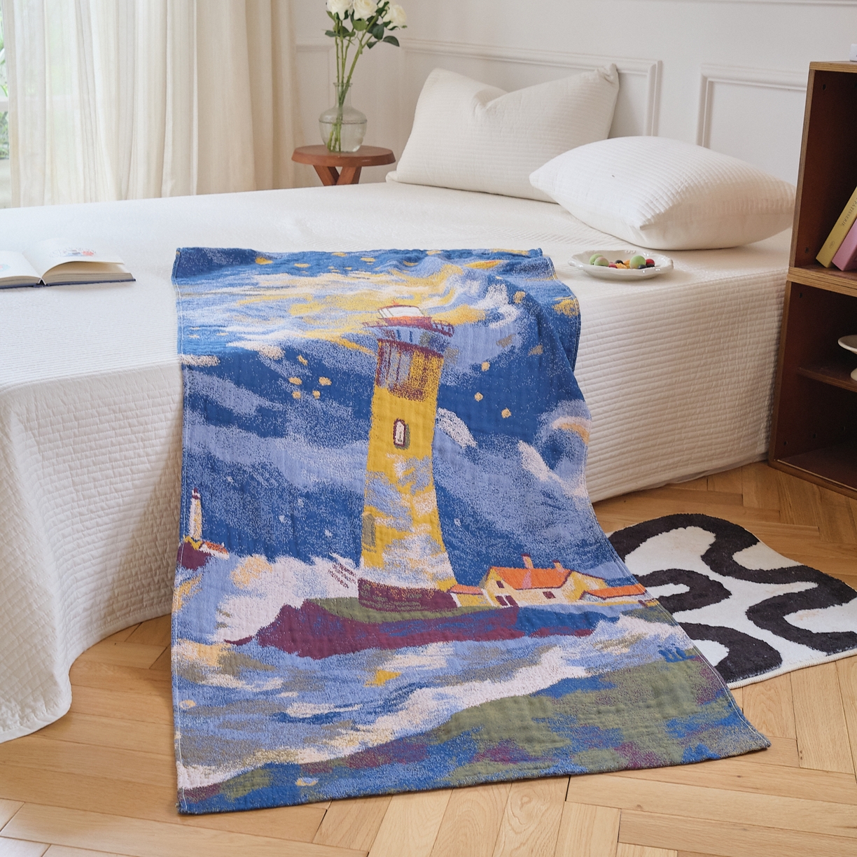 91家纺网 家纺一手货源 找家纺 沐瑟家纺 2025新款卡通A类全棉四层纱布浴巾加大毛巾-第二组 暮色灯塔 80*160cm浴巾/条