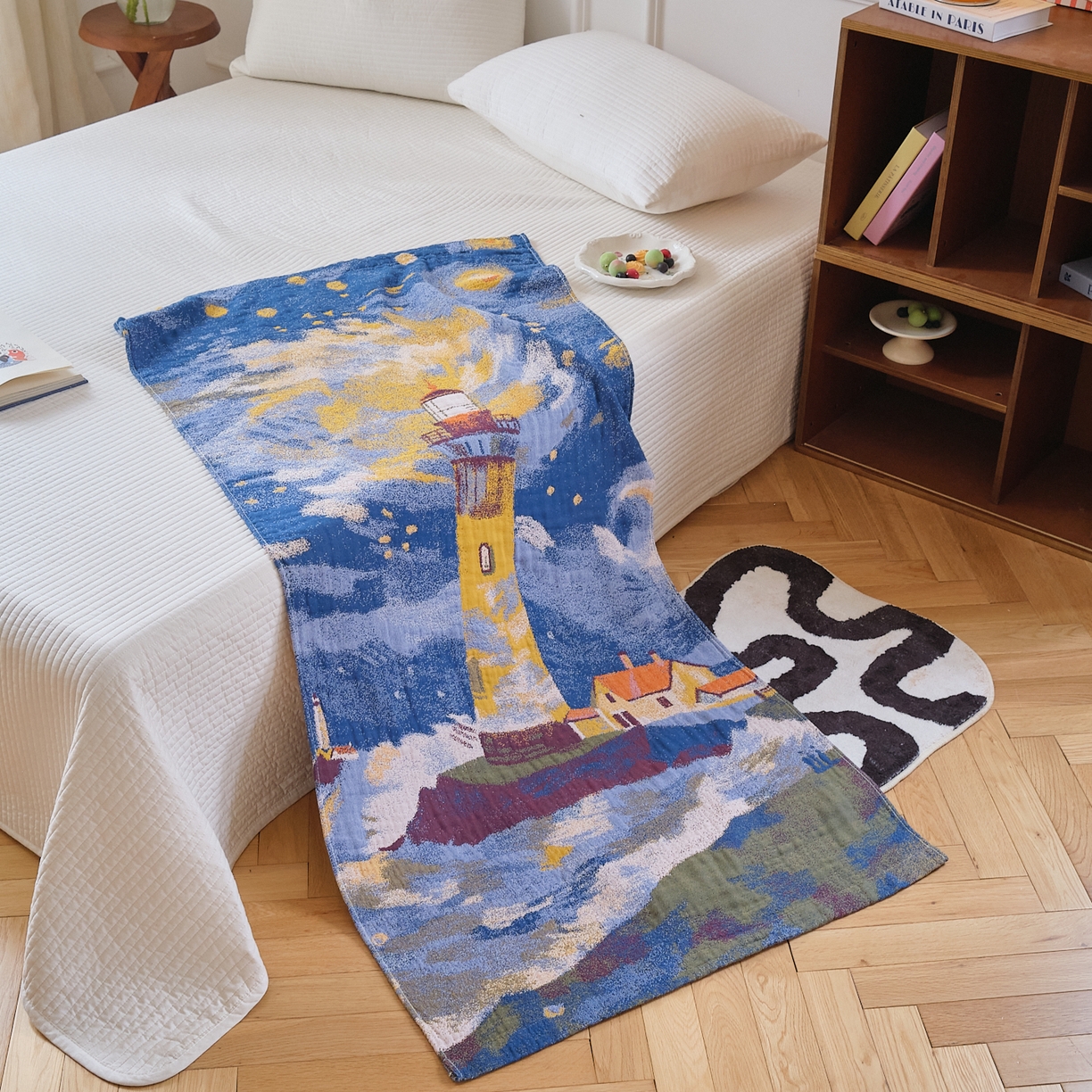 91家纺网 家纺一手货源 找家纺 沐瑟家纺 2025新款卡通A类全棉四层纱布浴巾加大毛巾-第二组 暮色灯塔 80*160cm浴巾/条