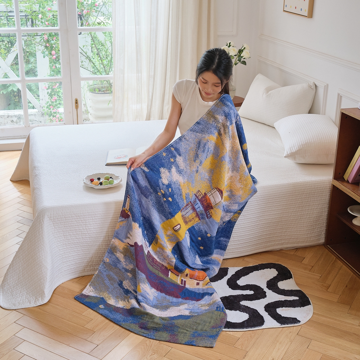 91家纺网 家纺一手货源 找家纺 沐瑟家纺 2025新款卡通A类全棉四层纱布浴巾加大毛巾-第二组 暮色灯塔 80*160cm浴巾/条