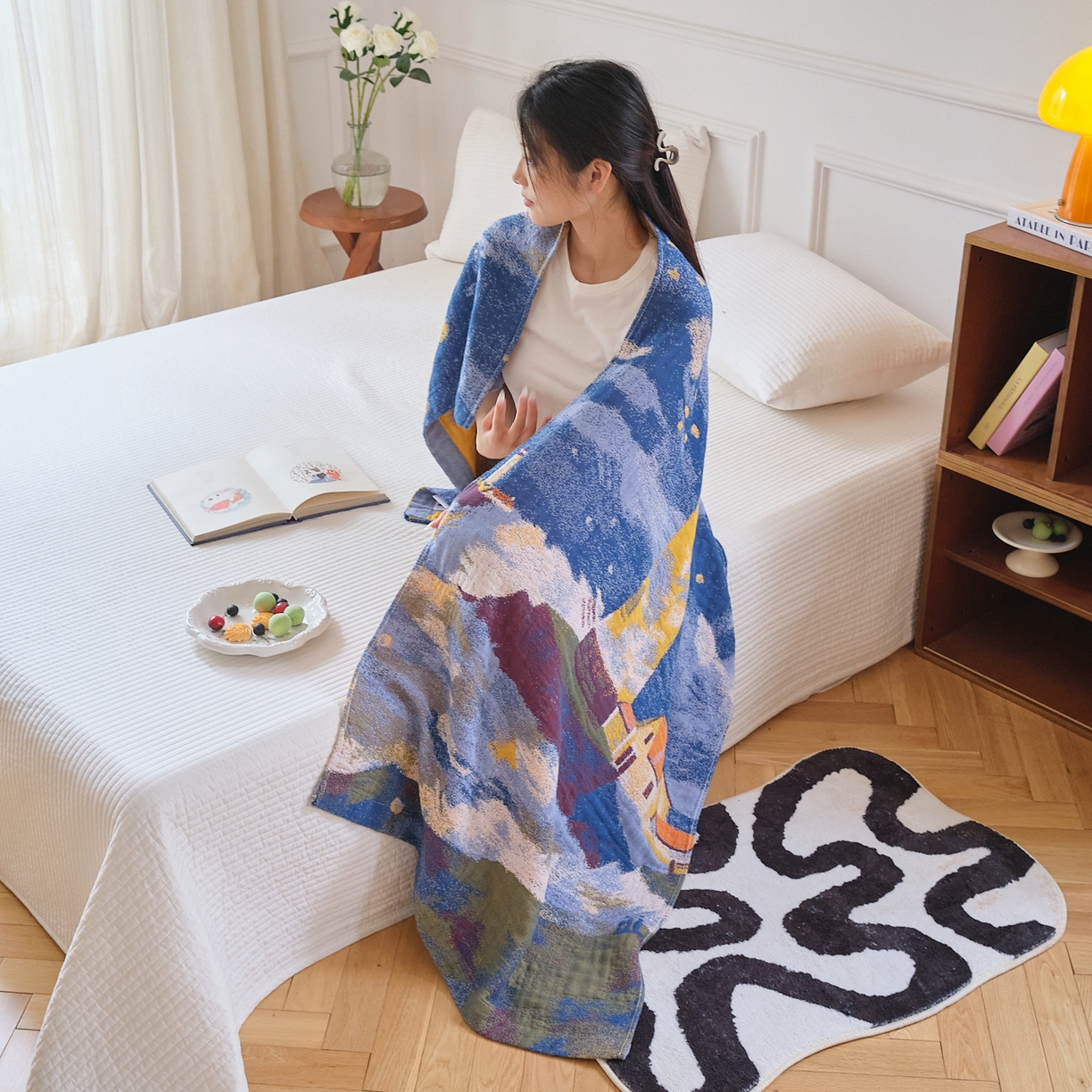 91家纺网 家纺一手货源 找家纺 沐瑟家纺 2025新款卡通A类全棉四层纱布浴巾加大毛巾-第二组 暮色灯塔 80*160cm浴巾/条