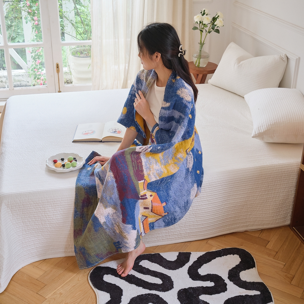 91家纺网 家纺一手货源 找家纺 沐瑟家纺 2025新款卡通A类全棉四层纱布浴巾加大毛巾-第二组 暮色灯塔 80*160cm浴巾/条