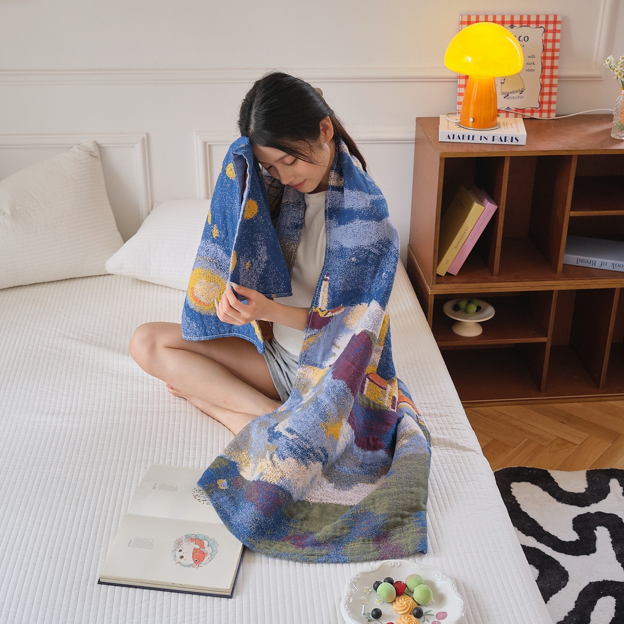 91家纺网 家纺一手货源 找家纺 沐瑟家纺 2025新款卡通A类全棉四层纱布浴巾加大毛巾-第二组 暮色灯塔 80*160cm浴巾/条