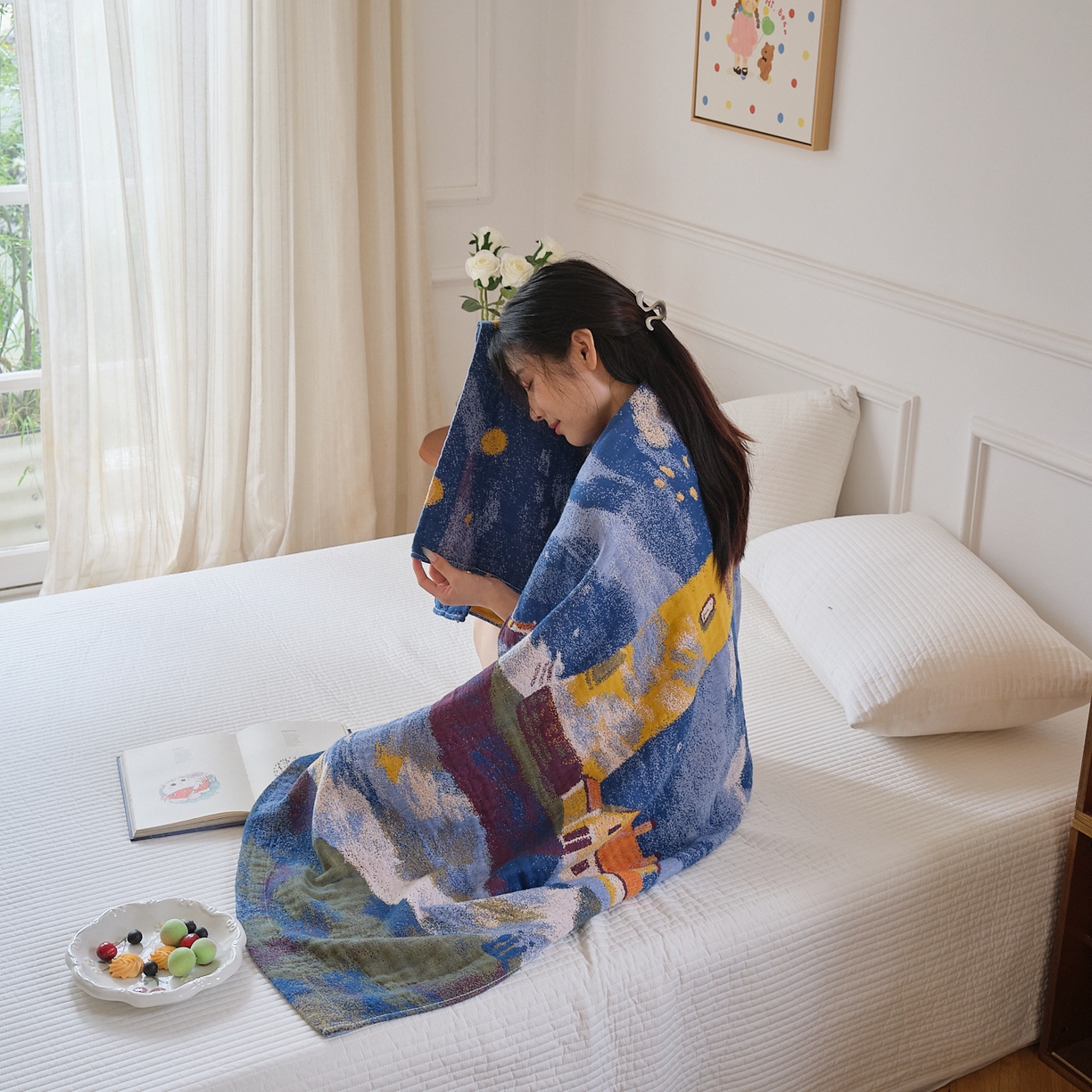 91家纺网 家纺一手货源 找家纺 沐瑟家纺 2025新款卡通A类全棉四层纱布浴巾加大毛巾-第二组 暮色灯塔 80*160cm浴巾/条