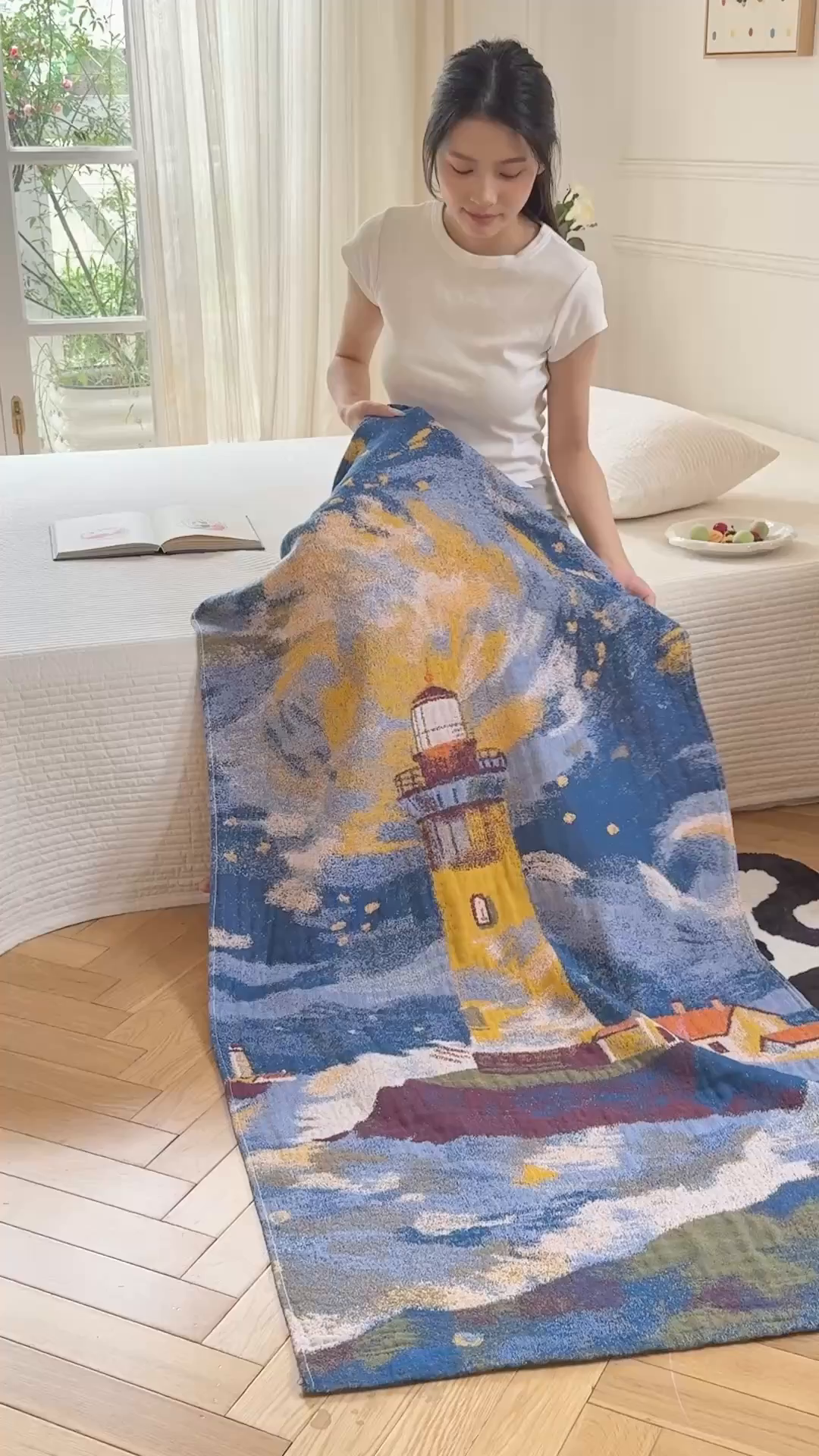 91家纺网 家纺一手货源 找家纺 沐瑟家纺 2025新款卡通A类全棉四层纱布浴巾加大毛巾-第二组 暮色灯塔 80*160cm浴巾/条