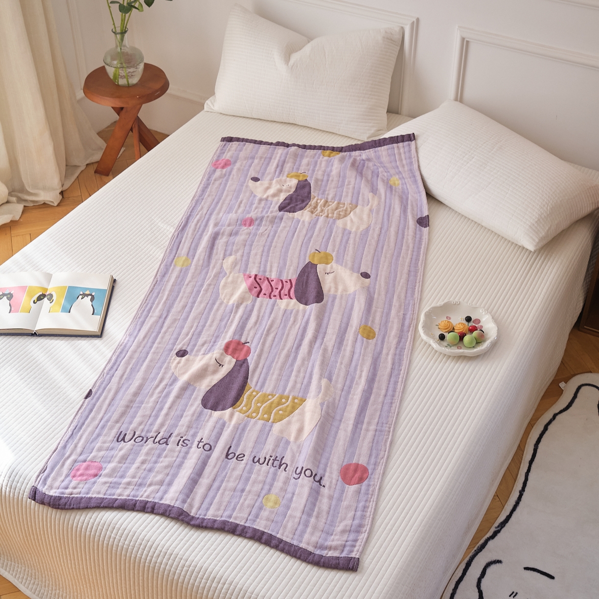 91家纺网 家纺一手货源 找家纺 沐瑟家纺 2025新款卡通A类全棉四层纱布浴巾加大毛巾-第二组 平安狗 80*160cm浴巾/条