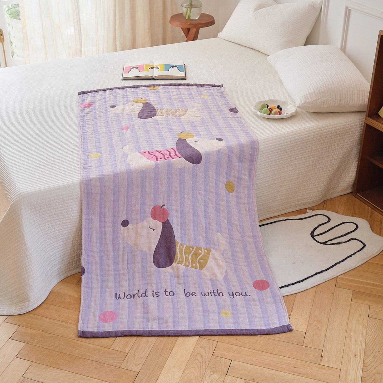 91家纺网 家纺一手货源 找家纺 沐瑟家纺 2025新款卡通A类全棉四层纱布浴巾加大毛巾-第二组 平安狗 80*160cm浴巾/条