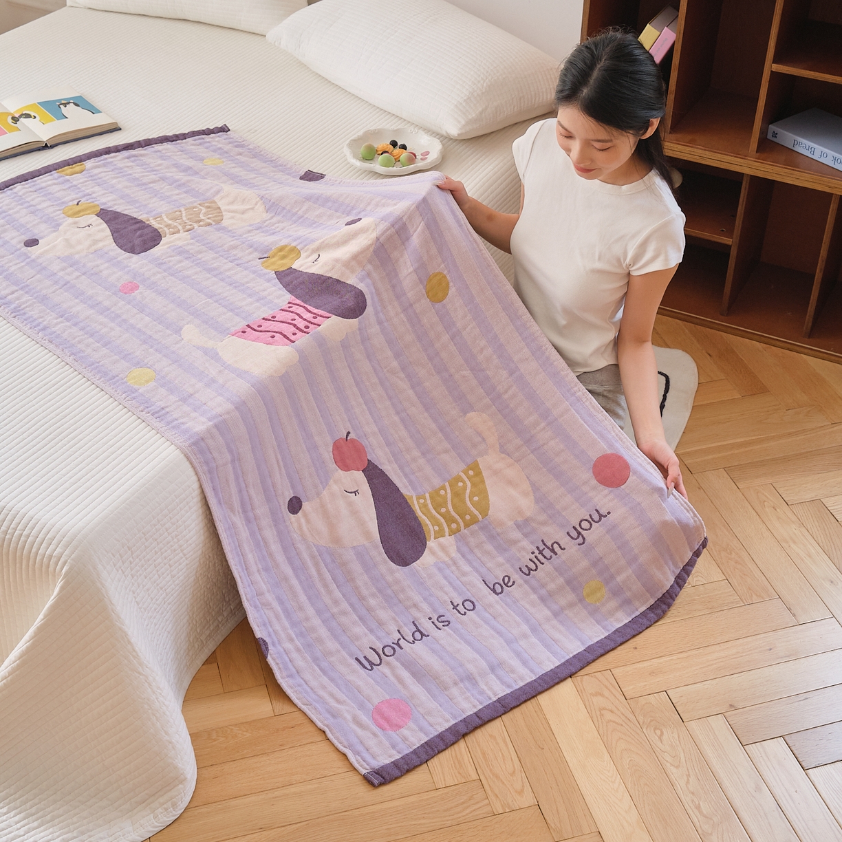 91家纺网 家纺一手货源 找家纺 沐瑟家纺 2025新款卡通A类全棉四层纱布浴巾加大毛巾-第二组 平安狗 80*160cm浴巾/条