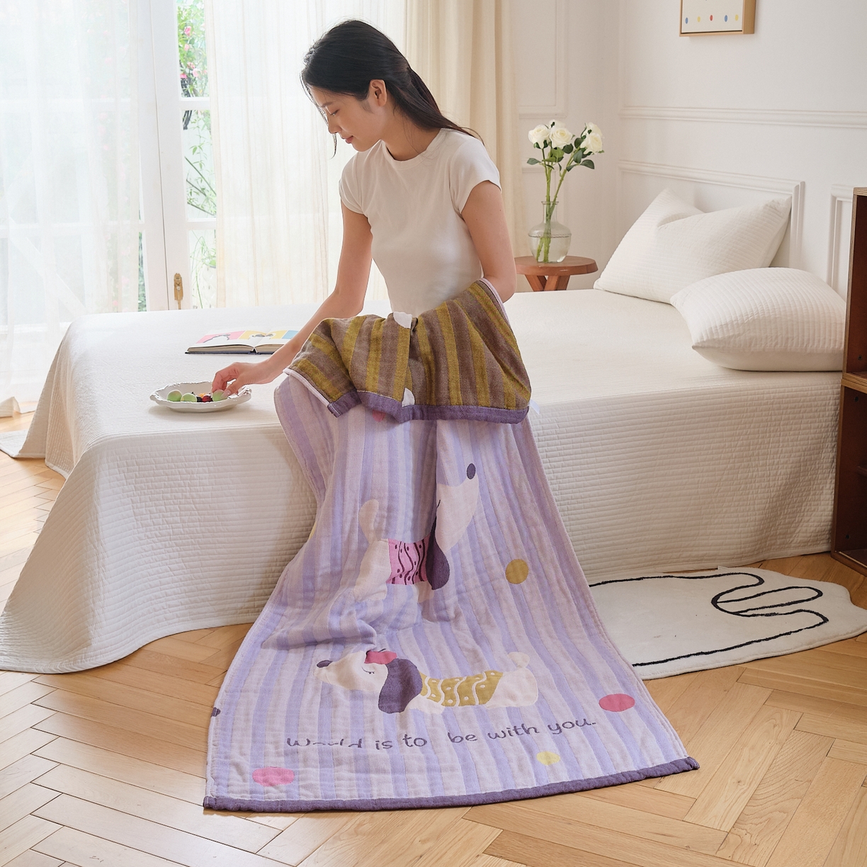 91家纺网 家纺一手货源 找家纺 沐瑟家纺 2025新款卡通A类全棉四层纱布浴巾加大毛巾-第二组 平安狗 80*160cm浴巾/条