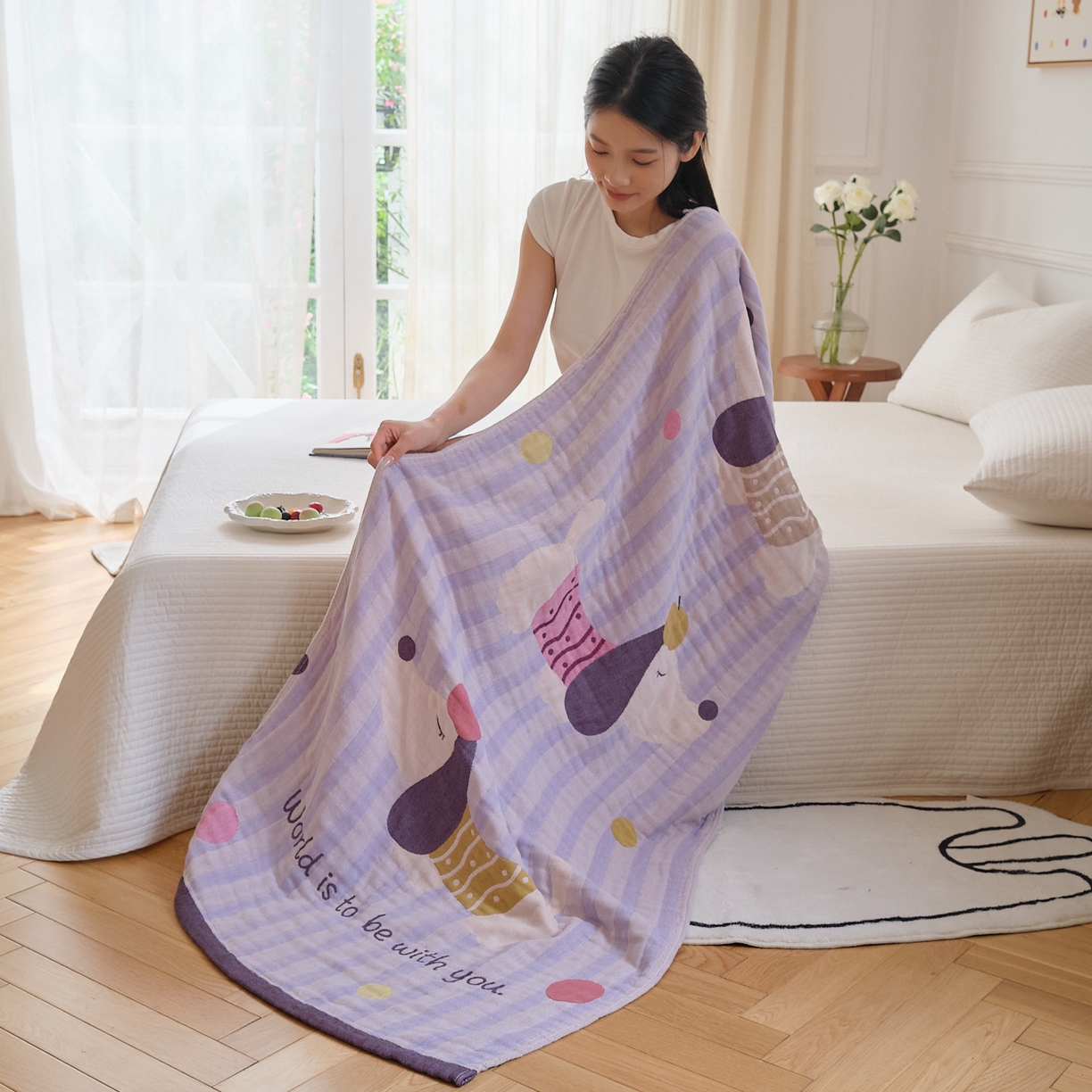 91家纺网 家纺一手货源 找家纺 沐瑟家纺 2025新款卡通A类全棉四层纱布浴巾加大毛巾-第二组 平安狗 80*160cm浴巾/条