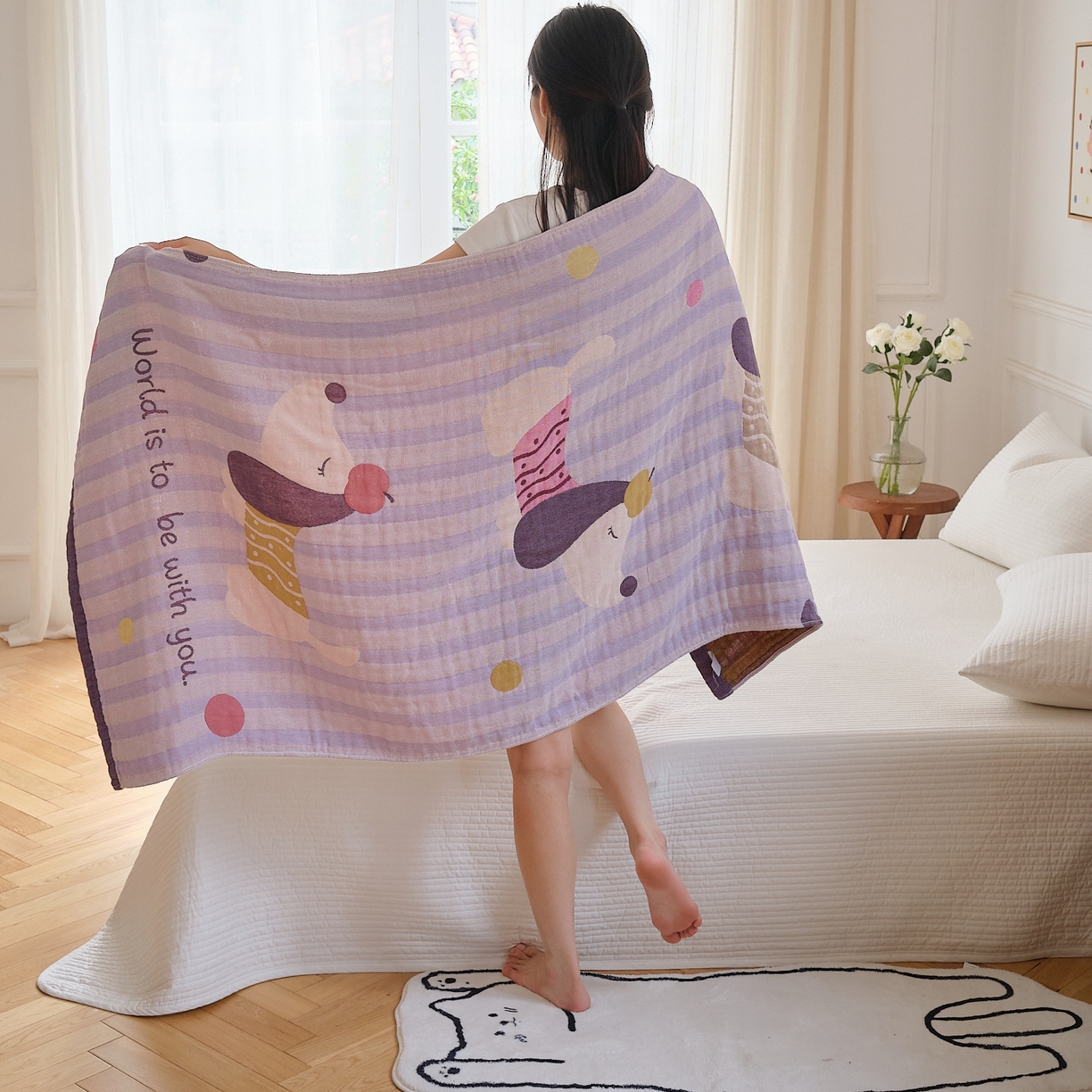 91家纺网 家纺一手货源 找家纺 沐瑟家纺 2025新款卡通A类全棉四层纱布浴巾加大毛巾-第二组 平安狗 80*160cm浴巾/条