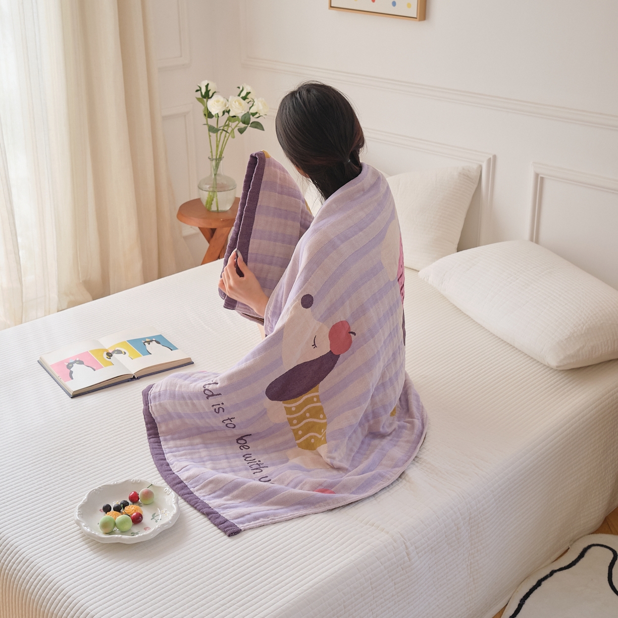 91家纺网 家纺一手货源 找家纺 沐瑟家纺 2025新款卡通A类全棉四层纱布浴巾加大毛巾-第二组 平安狗 80*160cm浴巾/条