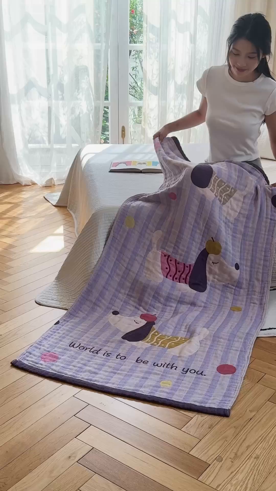 91家纺网 家纺一手货源 找家纺 沐瑟家纺 2025新款卡通A类全棉四层纱布浴巾加大毛巾-第二组 平安狗 80*160cm浴巾/条