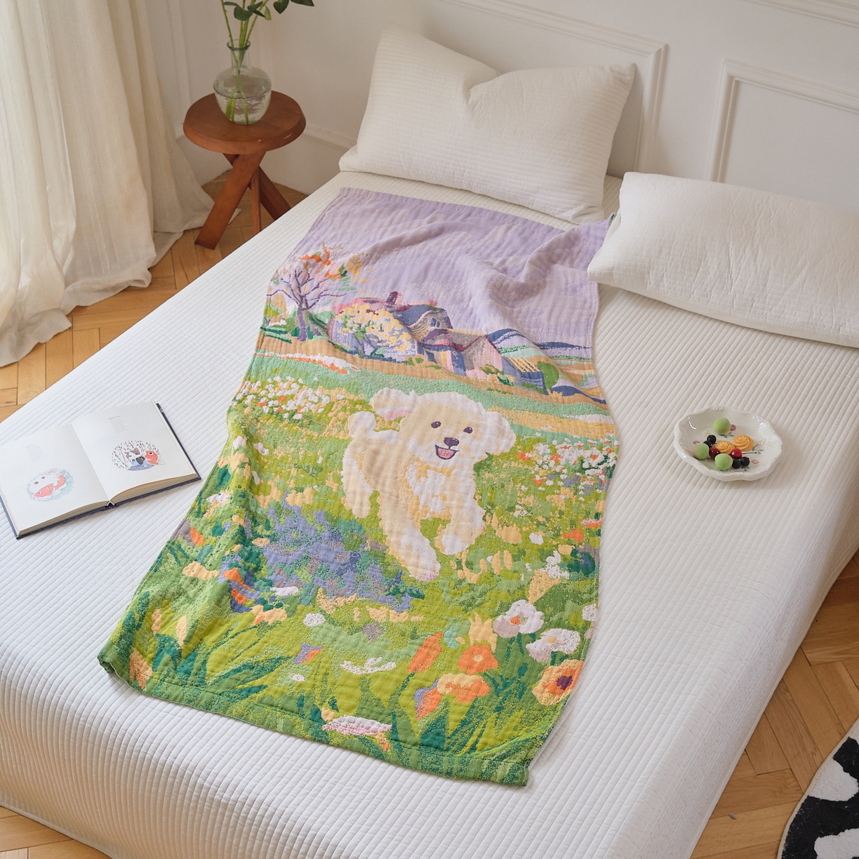 91家纺网 家纺一手货源 找家纺 沐瑟家纺 2025新款卡通A类全棉四层纱布浴巾加大毛巾-第二组 泰迪童话 80*160cm浴巾/条