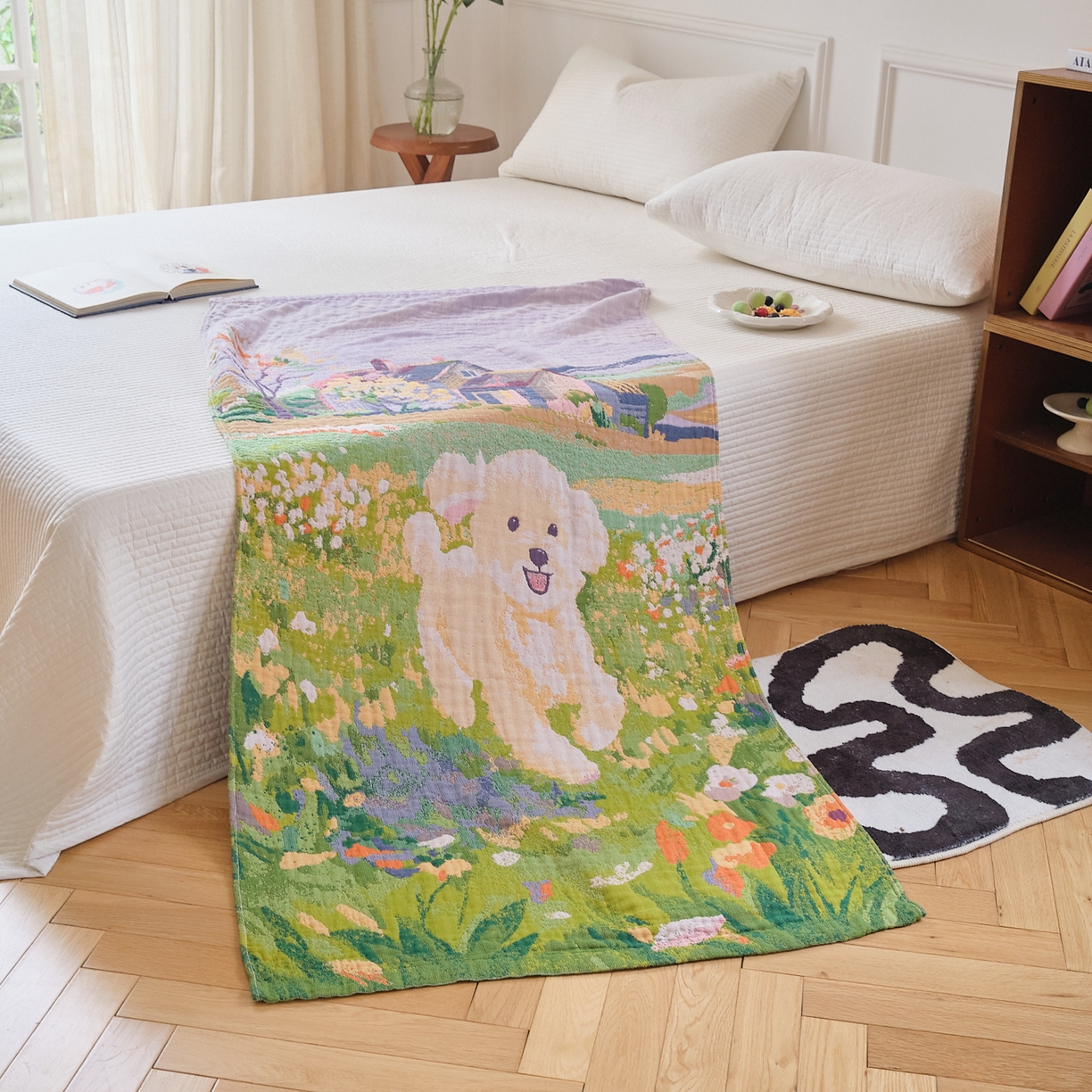 91家纺网 家纺一手货源 找家纺 沐瑟家纺 2025新款卡通A类全棉四层纱布浴巾加大毛巾-第二组 泰迪童话 80*160cm浴巾/条