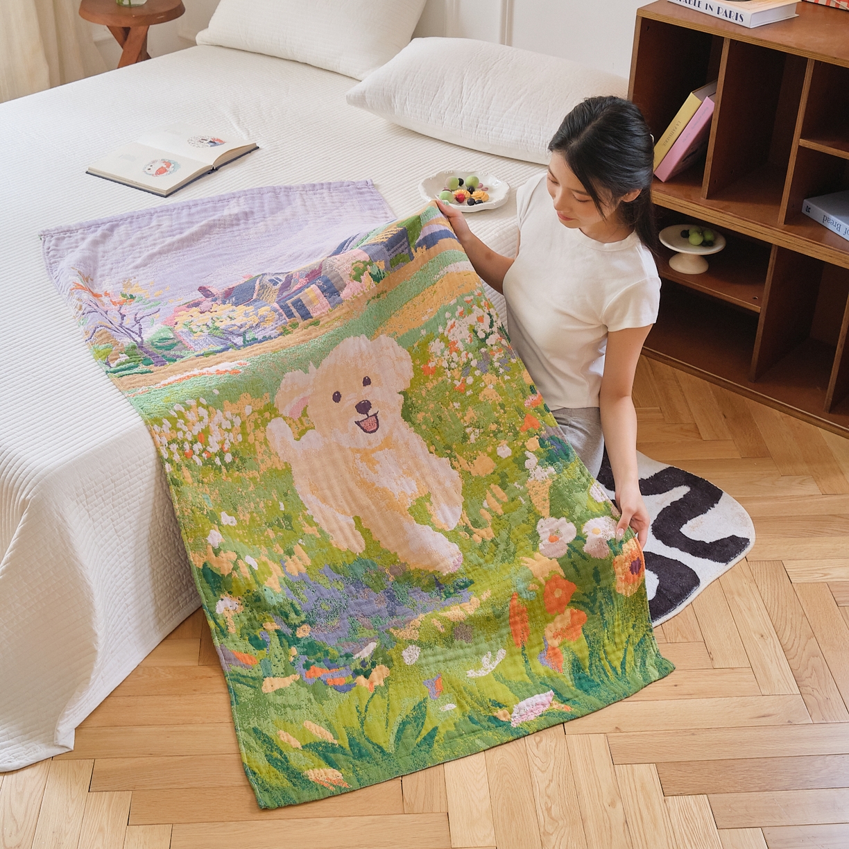 91家纺网 家纺一手货源 找家纺 沐瑟家纺 2025新款卡通A类全棉四层纱布浴巾加大毛巾-第二组 泰迪童话 80*160cm浴巾/条