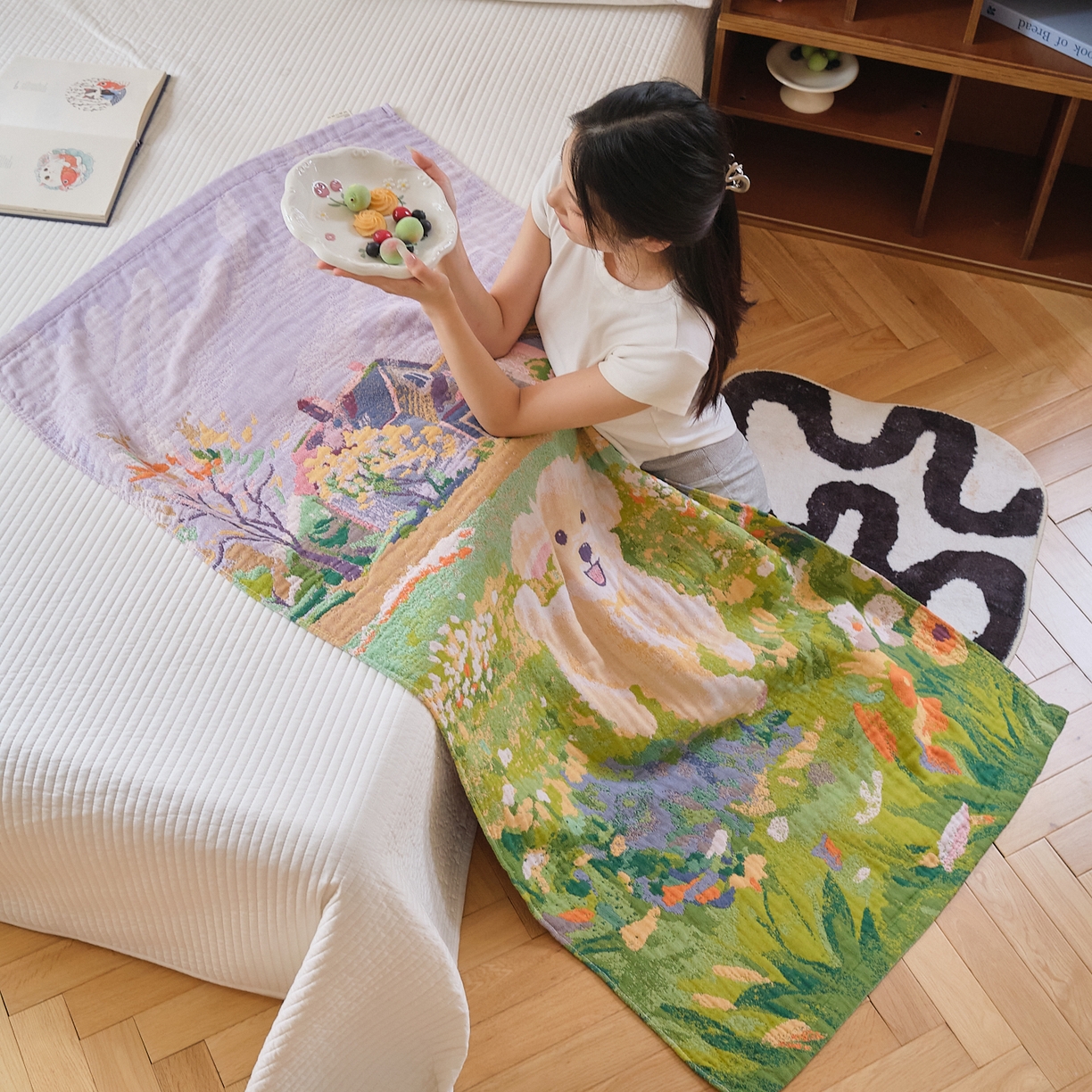 91家纺网 家纺一手货源 找家纺 沐瑟家纺 2025新款卡通A类全棉四层纱布浴巾加大毛巾-第二组 泰迪童话 80*160cm浴巾/条