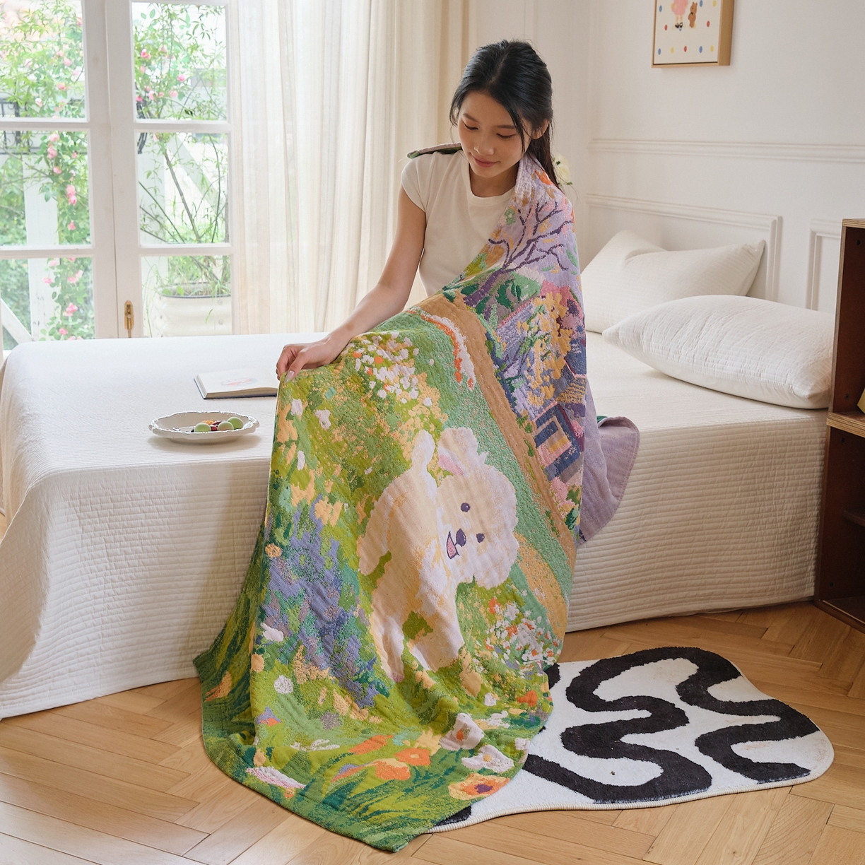 91家纺网 家纺一手货源 找家纺 沐瑟家纺 2025新款卡通A类全棉四层纱布浴巾加大毛巾-第二组 泰迪童话 80*160cm浴巾/条