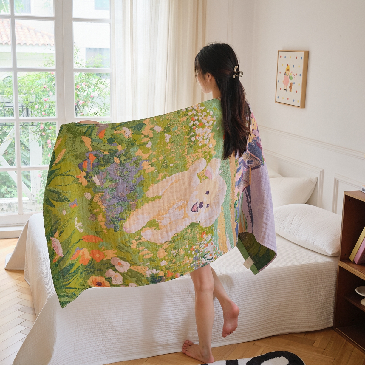 91家纺网 家纺一手货源 找家纺 沐瑟家纺 2025新款卡通A类全棉四层纱布浴巾加大毛巾-第二组 泰迪童话 80*160cm浴巾/条