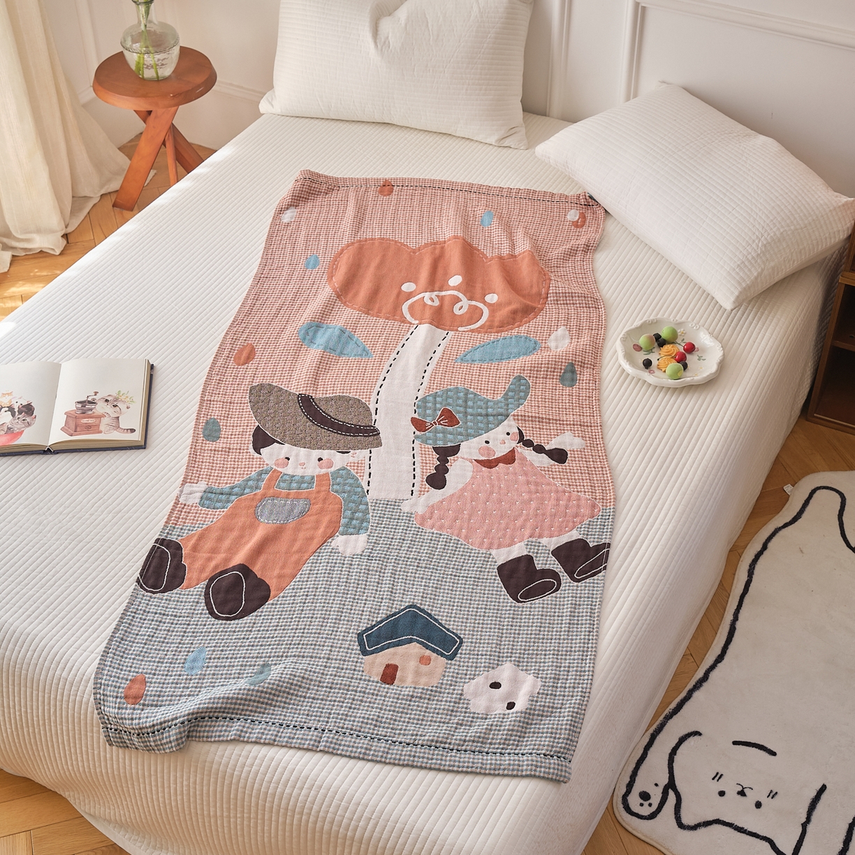 91家纺网 家纺一手货源 找家纺 沐瑟家纺 2025新款卡通A类全棉四层纱布浴巾加大毛巾-第二组 童年 80*160cm浴巾/条