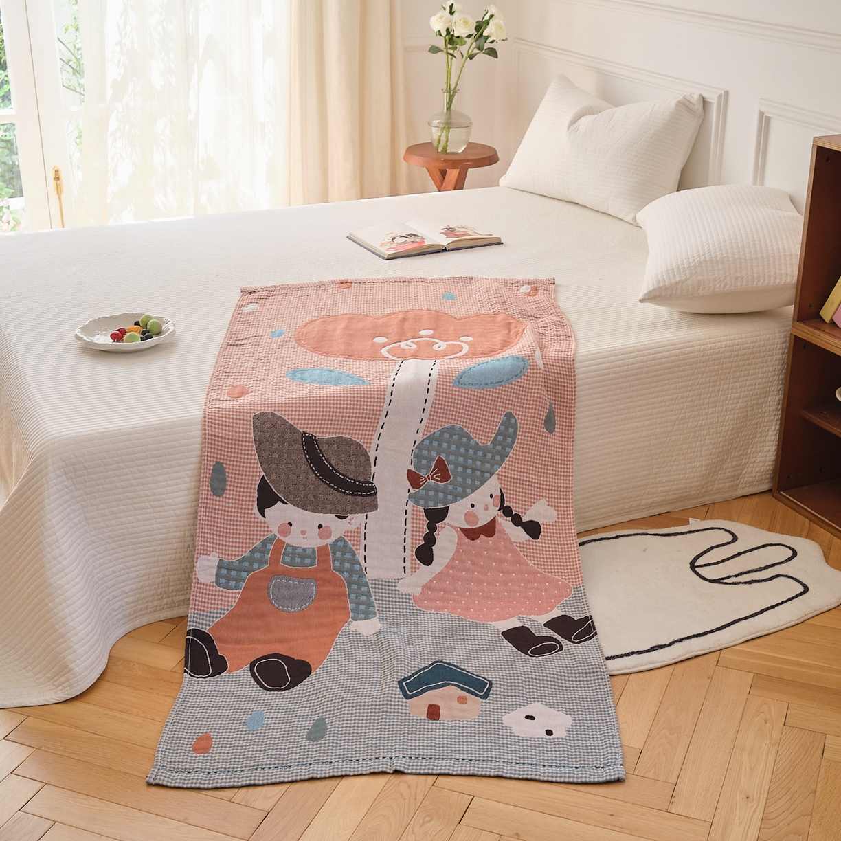 91家纺网 家纺一手货源 找家纺 沐瑟家纺 2025新款卡通A类全棉四层纱布浴巾加大毛巾-第二组 童年 80*160cm浴巾/条