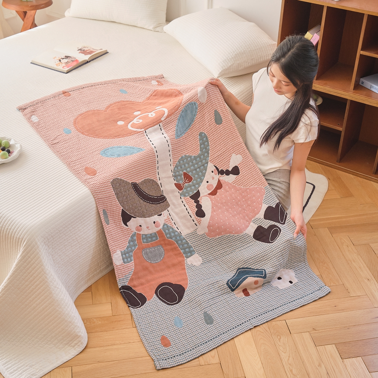 91家纺网 家纺一手货源 找家纺 沐瑟家纺 2025新款卡通A类全棉四层纱布浴巾加大毛巾-第二组 童年 80*160cm浴巾/条