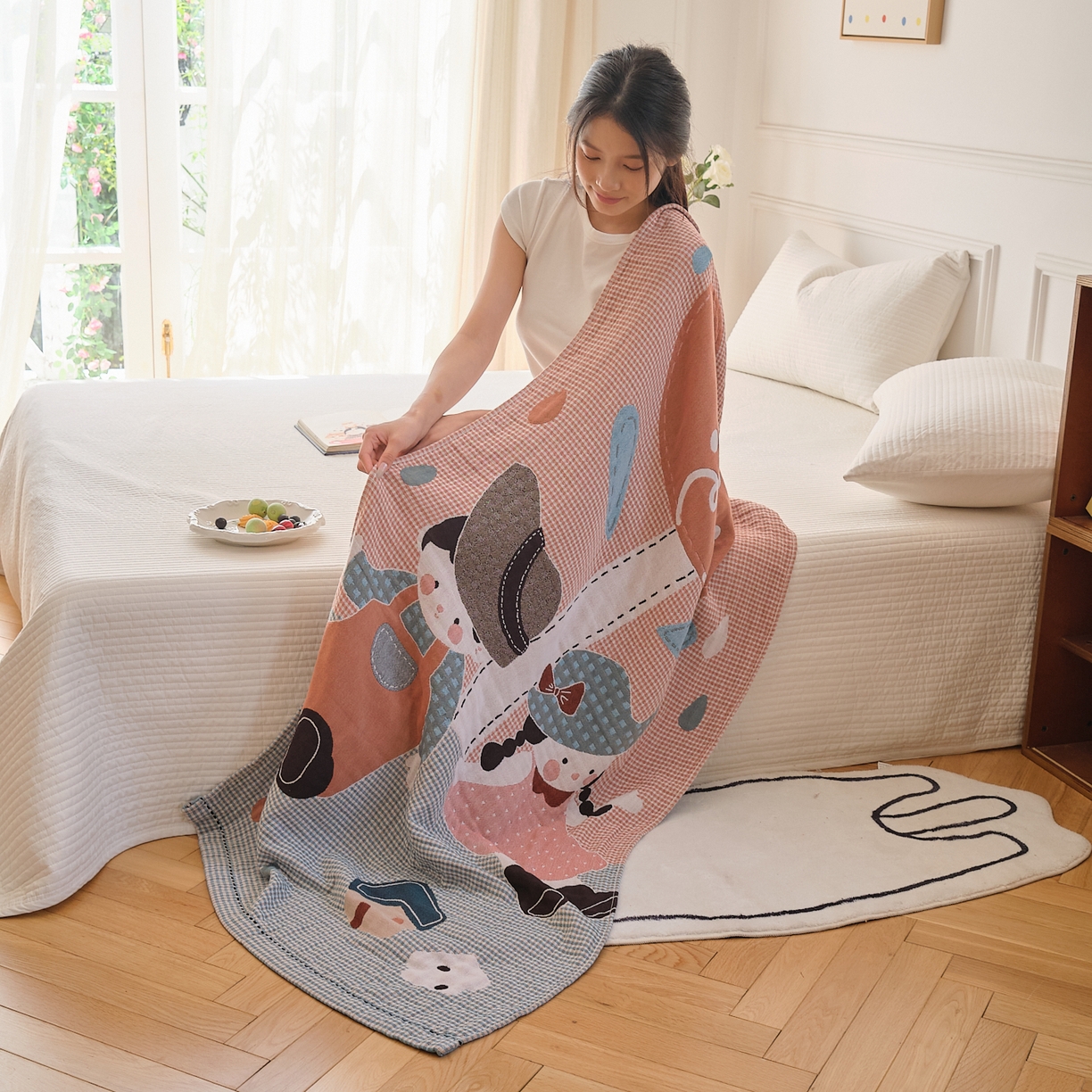 91家纺网 家纺一手货源 找家纺 沐瑟家纺 2025新款卡通A类全棉四层纱布浴巾加大毛巾-第二组 童年 80*160cm浴巾/条