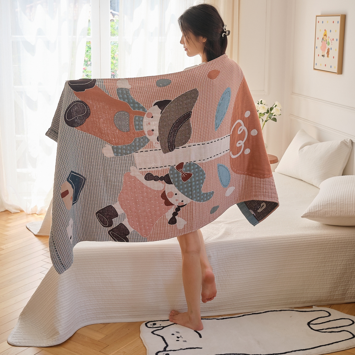 91家纺网 家纺一手货源 找家纺 沐瑟家纺 2025新款卡通A类全棉四层纱布浴巾加大毛巾-第二组 童年 80*160cm浴巾/条