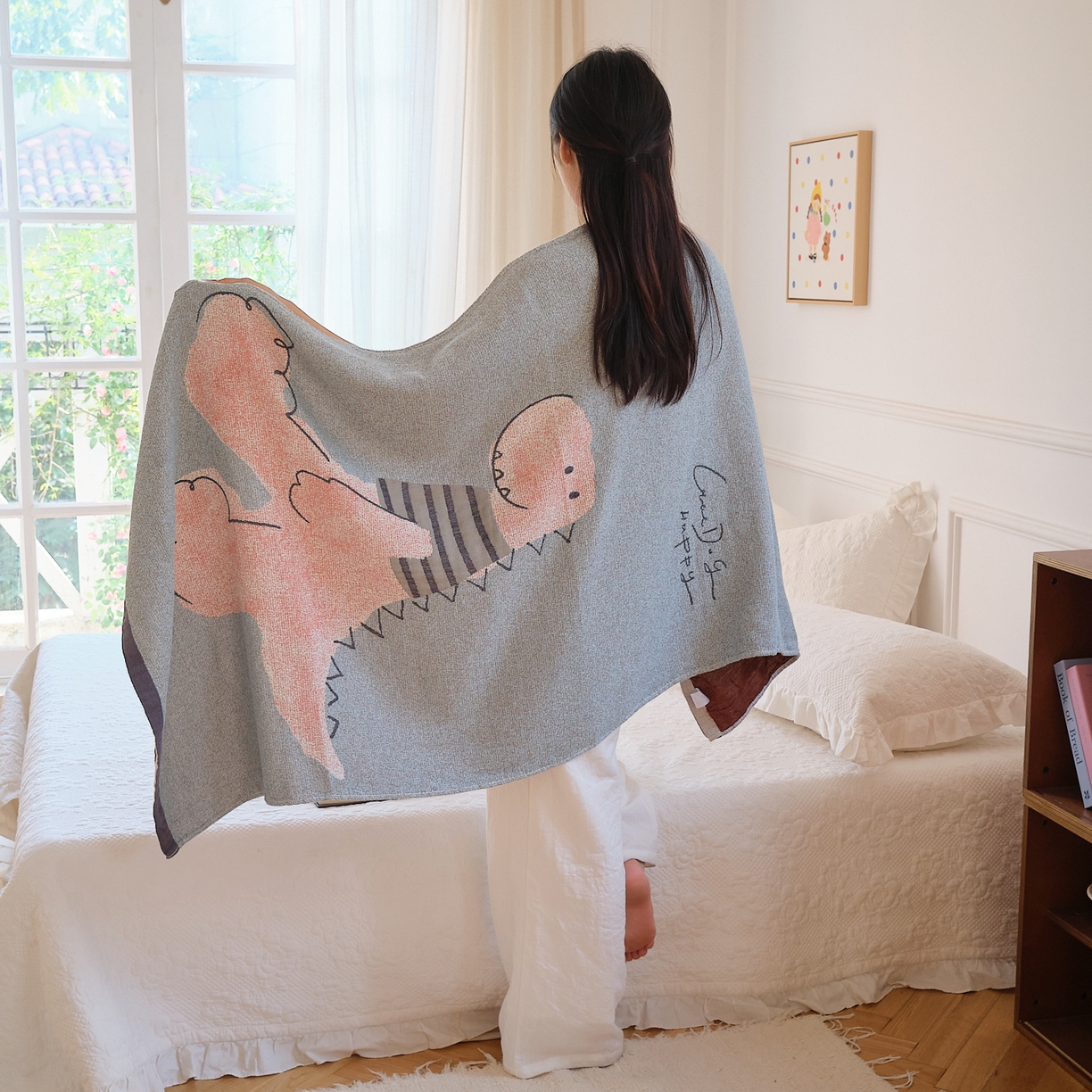 91家纺网 家纺一手货源 找家纺 沐瑟家纺 2025新款卡通A类全棉四层纱布浴巾加大毛巾-第二组 线条恐龙 80*160cm浴巾/条