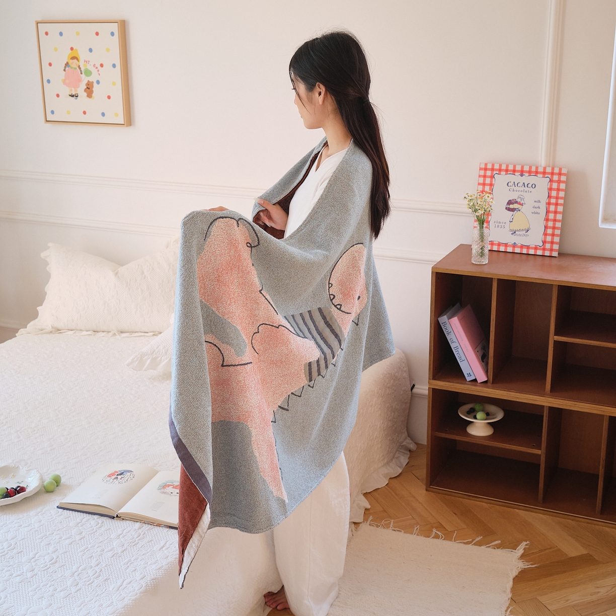 91家纺网 家纺一手货源 找家纺 沐瑟家纺 2025新款卡通A类全棉四层纱布浴巾加大毛巾-第二组 线条恐龙 80*160cm浴巾/条