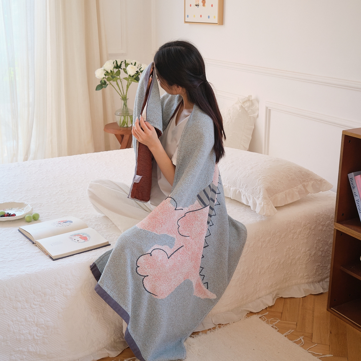 91家纺网 家纺一手货源 找家纺 沐瑟家纺 2025新款卡通A类全棉四层纱布浴巾加大毛巾-第二组 线条恐龙 80*160cm浴巾/条