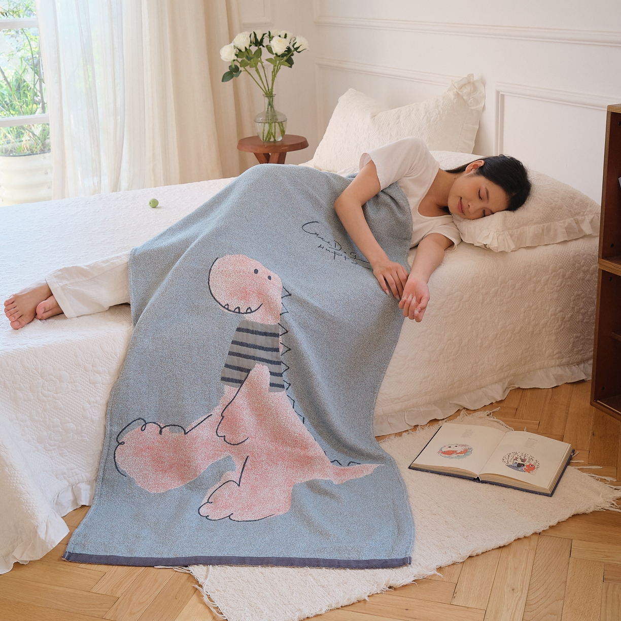 91家纺网 家纺一手货源 找家纺 沐瑟家纺 2025新款卡通A类全棉四层纱布浴巾加大毛巾-第二组 线条恐龙 80*160cm浴巾/条