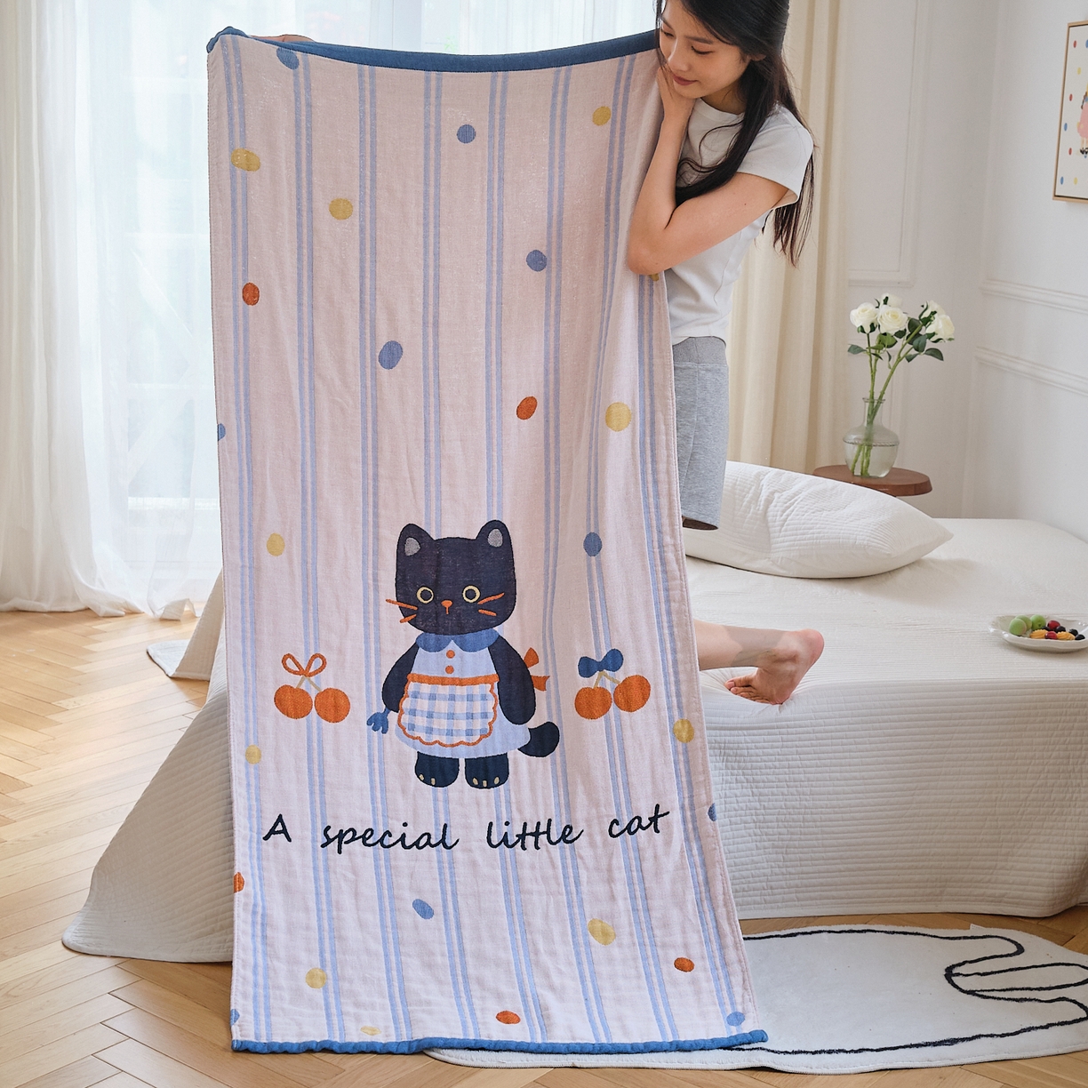 沐瑟家纺 2025新款卡通A类全棉四层纱布浴巾加大毛巾-第二组 小黑猫 80*160cm浴巾/条