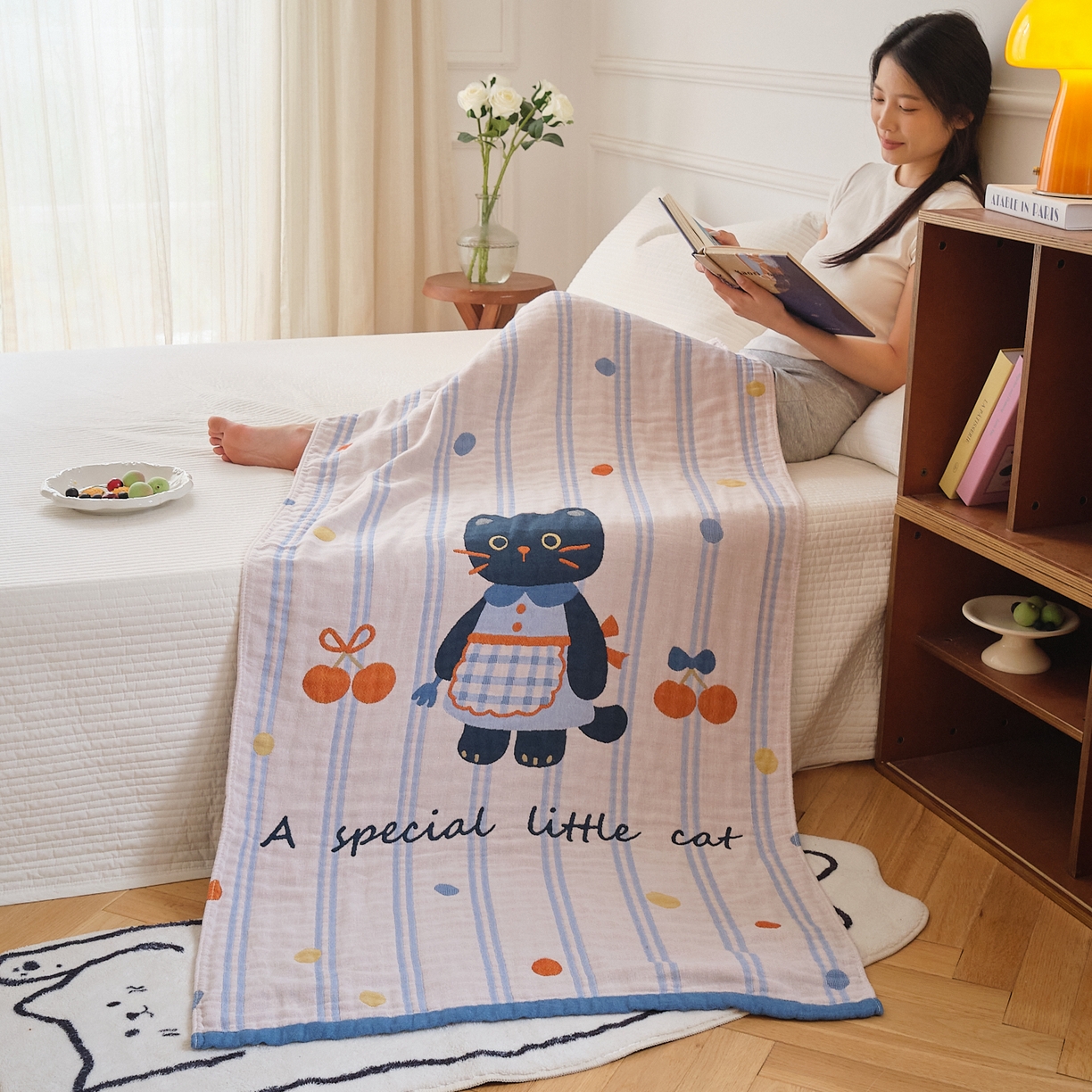 91家纺网 家纺一手货源 找家纺 沐瑟家纺 2025新款卡通A类全棉四层纱布浴巾加大毛巾-第二组 小黑猫 80*160cm浴巾/条